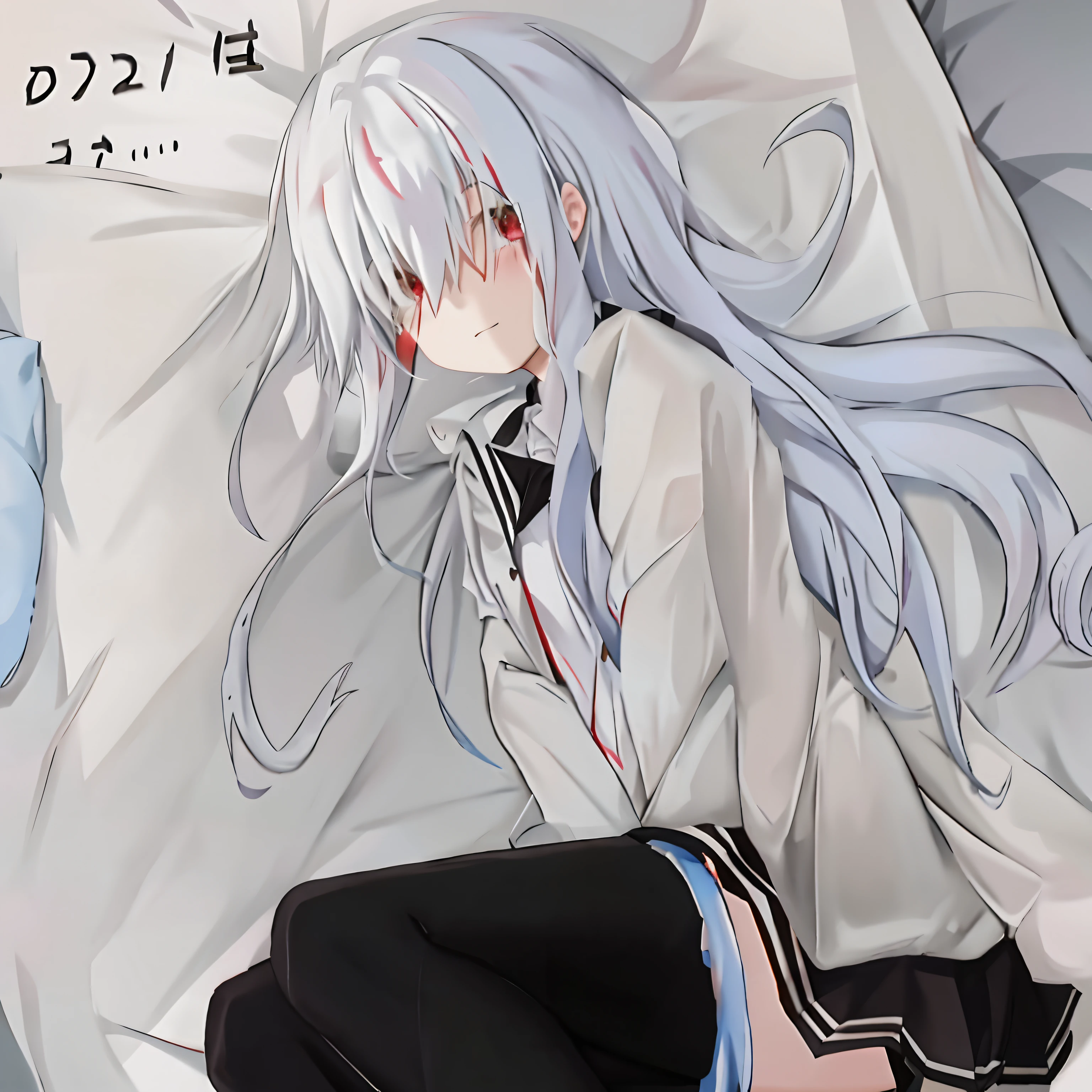 very thin, 1 girl 16 years old, with white long hair, white fox ears, purple eyes, black hoodie, black baggy pants, 1 white fox tail, black sneakers, lying on the floor, in the basement, battered and cut, blood is coming from the wounds, crying