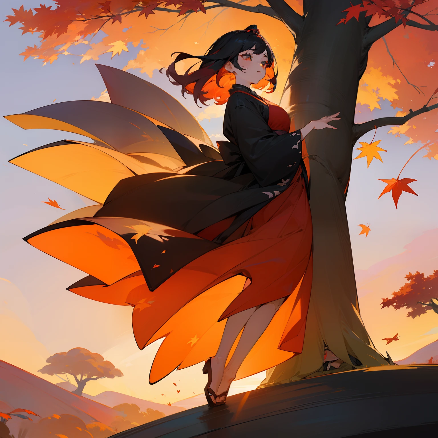 (Beautifully Aesthetic:1.2)、(1girl in:1.3)、(Colorful black and vermilion hair:1.2)、Eau、natta、colourfull、Beautiful sunset、Fantastical、Large tree with autumn leaves、Many autumn leaves are dancing、Japanese dress、sad Facial expression、