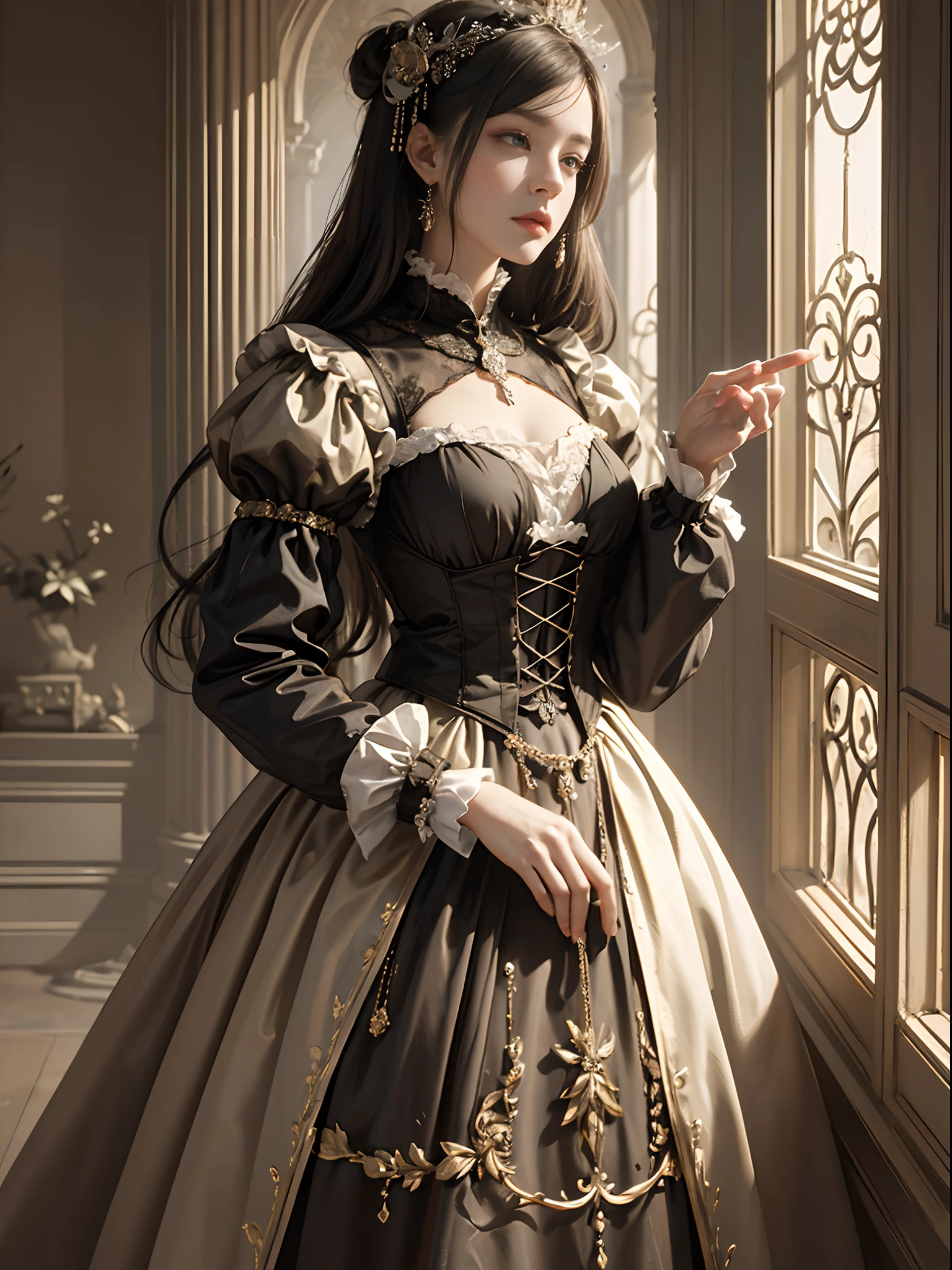 (Pure Color: 0.9), (Color: 1.1), (Masterpiece: 1,2) 30 years old, Best Quality, Masterpiece, High Resolution, Original, Highly Detailed Wallpaper, Beauty, Victorian, Dress, Melancholy, Sepia Color, 30 years old