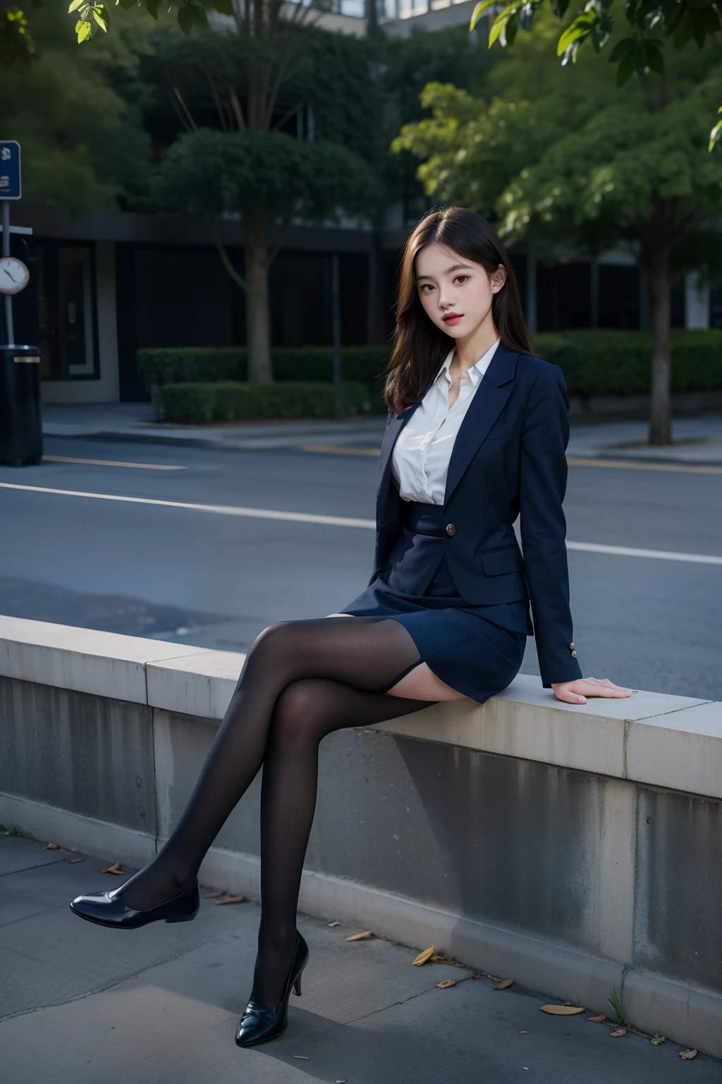 best qulaity, Whole body like,Raffiniertes Gesicht,Kawaii-Gesichter,25 Jahre alt weiblich,schlanke Figur,kleinere Oberweite,Office Lady Uniform,Bürokleidung,Black Lence stockings,Outdoor-Szene,Sitz-Pose,gelbes langes Haar