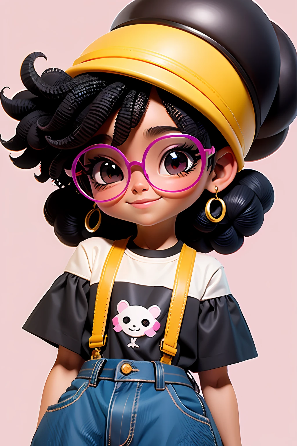Loli cute girl, negra afro, cabelo mesclado, solto, modern accessories , capuz, Eyeglasses, olhos detalhados, sorriso detalhados, detalhes detalhados, fundo claro e simples