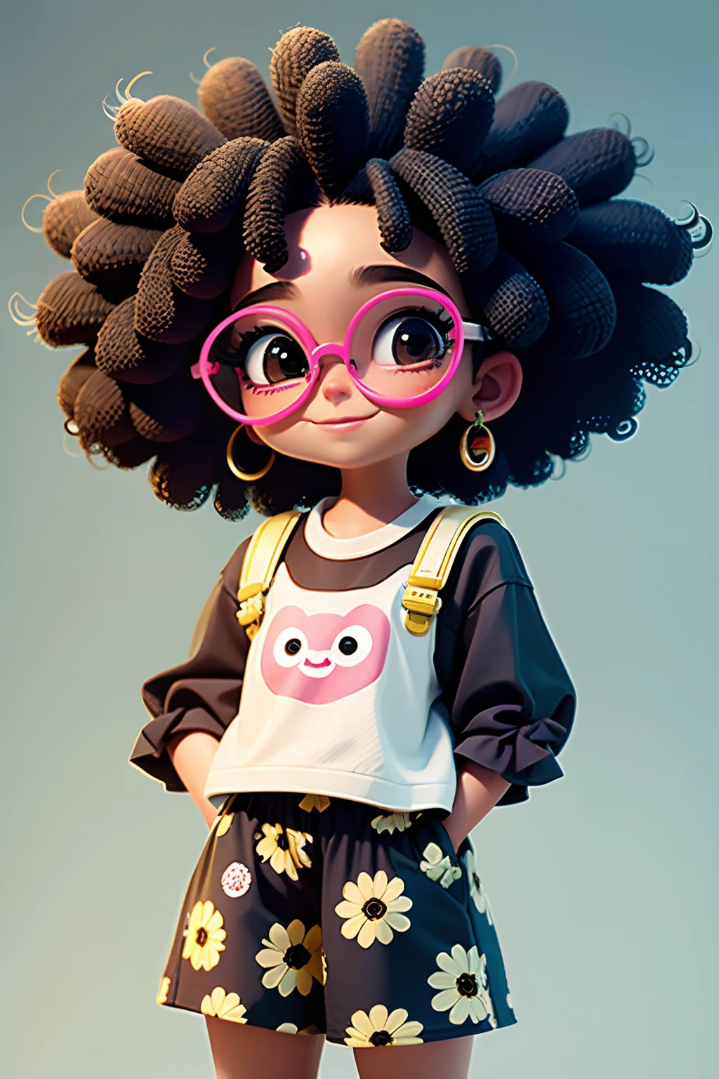 Loli cute girl, negra afro, cabelo mesclado, solto, modern accessories , capuz, Eyeglasses, olhos detalhados, sorriso detalhados, detalhes detalhados, fundo claro e simples