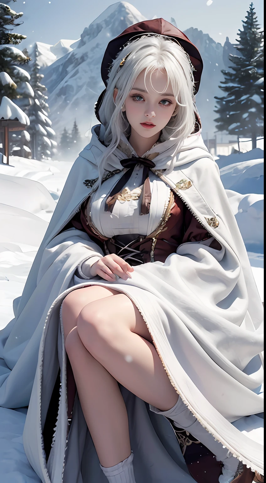 Photorealistic, high resolution, 1 Women, Solo, (ta costume),Gorgeous costumes,Face the audience,The upper part of the body,upper legs, beautidful eyes, White hair, ringed eyes, (outside,Heavy snowfall,Cloak,Cover with snow),snowfield