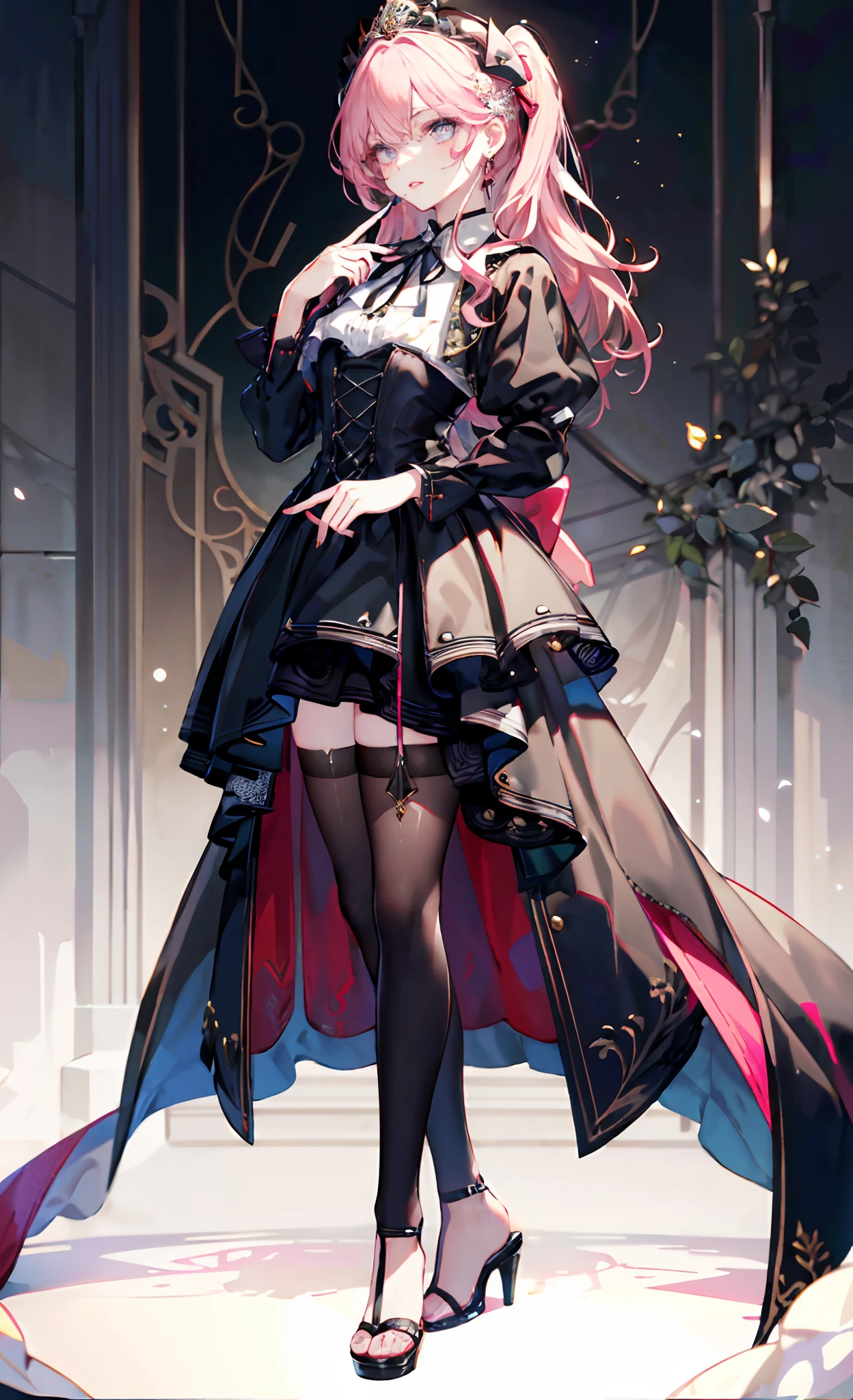 (Complete head:1.9),meticulous portrayal of face,1 noblewoman,a matural female,Black dress long dress,(black lence stockings+),(Ribbon sandals with thin heels),(Black stocking feet+),Pink White Long Hair,Prom background, Perfect body, s the perfect face, perfect hand, Perfect Finger, Perfect lips, perfect eyes, Perfect background