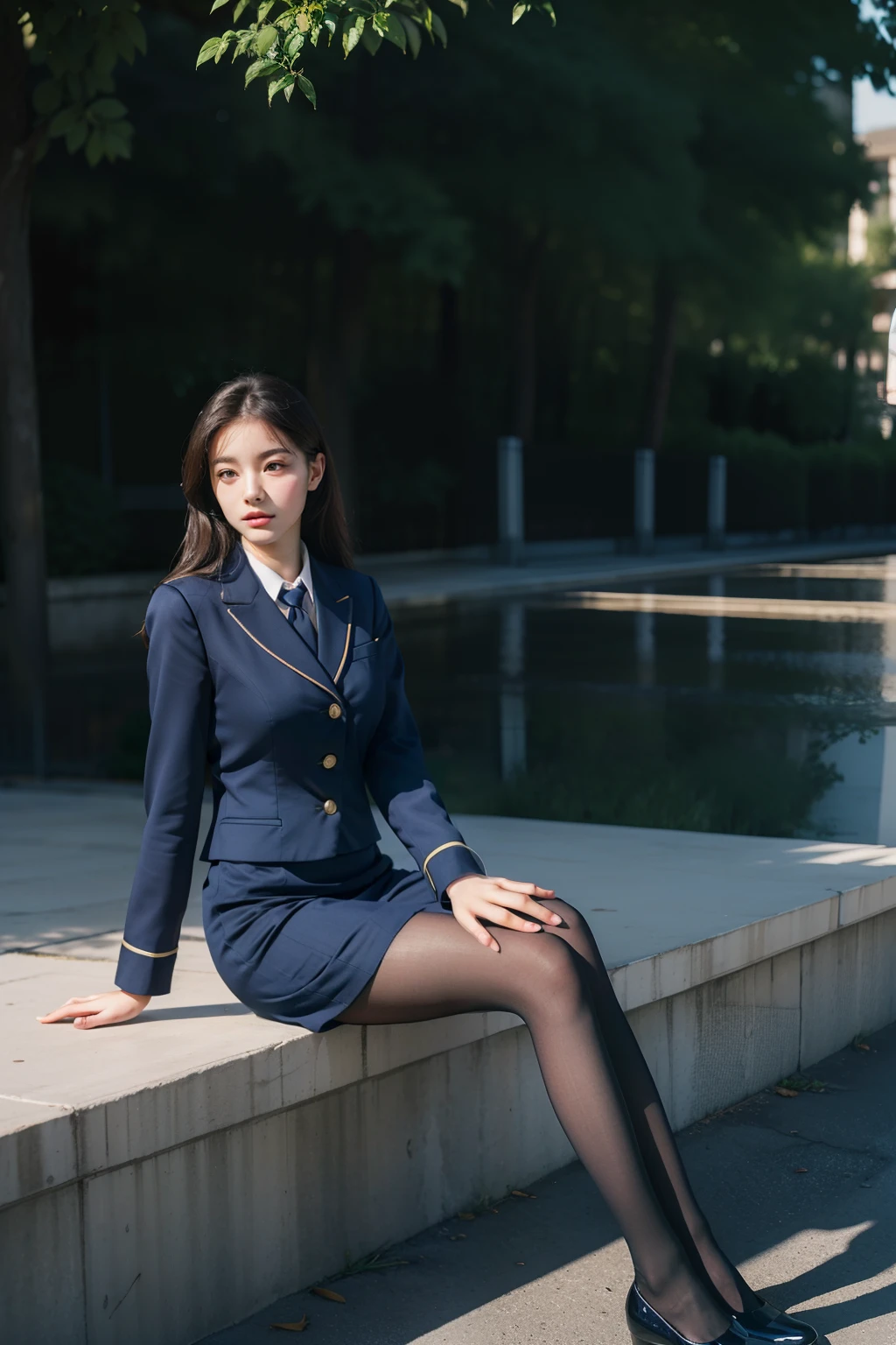 Best quality, full body portrait, delicate face, pretty face, woman, slim figure, large bust, OL uniform, office clothes, navy blue stockings, outdoor scene, sitting position