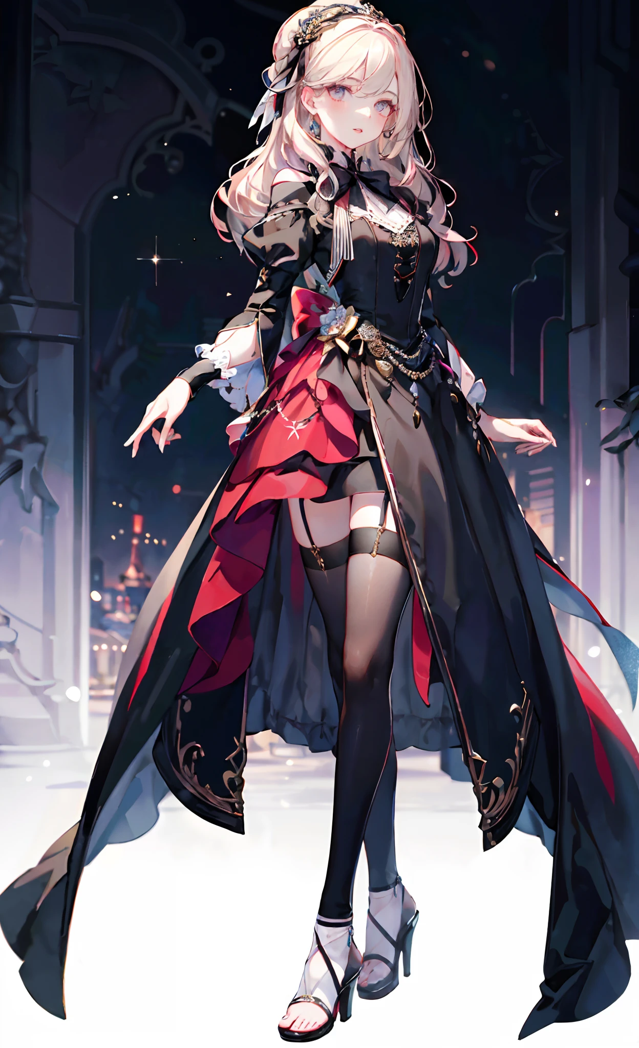 (Complete head:1.9),meticulous portrayal of face,1 noblewoman,a matural female,Black dress long dress,(black lence stockings+),(Ribbon sandals with thin heels),(Black stocking feet+),Pink White Long Hair,Prom background, Perfect body, s the perfect face, perfect hand, Perfect Finger, Perfect lips, perfect eyes, Perfect background