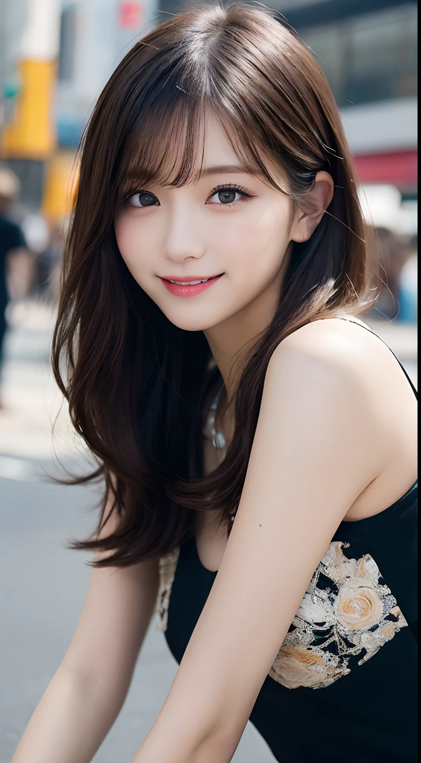 masutepiece, Best Quality, Illustration, Ultra-detailed, finely detail, hight resolution, 8K Wallpaper, Perfect dynamic composition, Beautiful detailed eyes, Women's Fashion Summer,Medium Hair,Small breasts natural color lip, Bold sexy poses,Smile,Harajuku、20 years girl、Cute、Sexy shot looking at camera