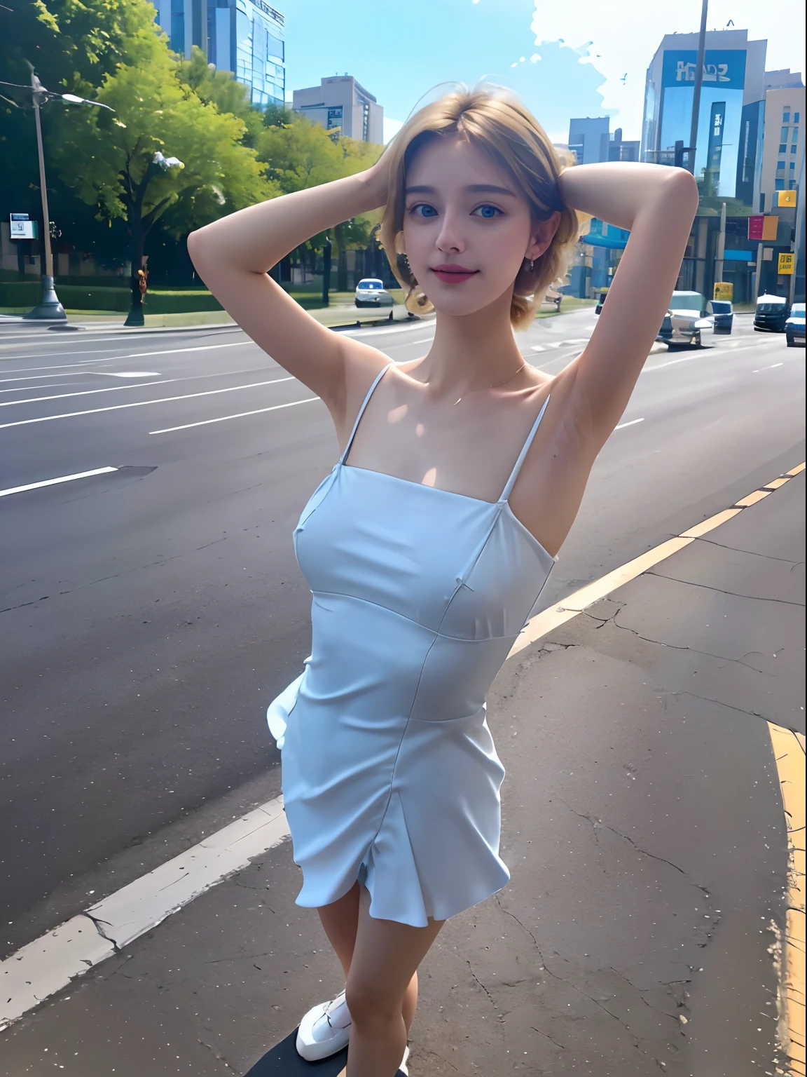 ((Show underarms、Armpit、Detailed armpit wrinkles、Raise your hands to show your armpits、On the road、In the city))、top-quality, (reallistic:1.3), (真实感, Hyper-Realism:1.2), 1girl in, a white girl, (masterpiece), Convoluted (High Details), Detail skin, Short:1.2, (High Details:1.1), NSFW, HighDynamicRange, (beauitful face), Hillez, Directional writing, foco nítido,, Thin body, (Curve:1.1), full body Esbian