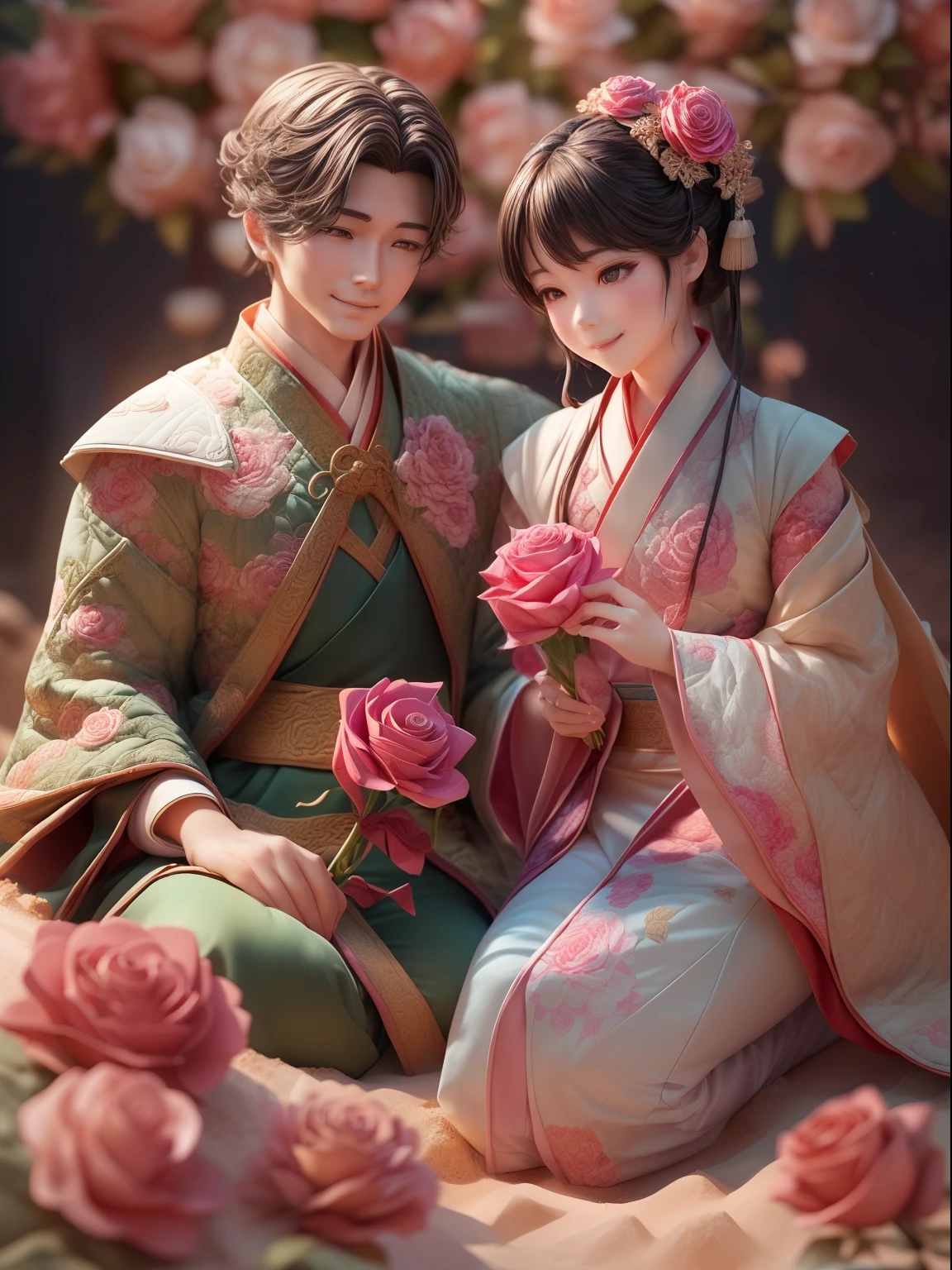 (sandbox:1.4),Movie Angle,(1 boy and 1 girl,Three-headed body,Anatomically correct,full bodyesbian,Hand in hand,Masterpiece rose,Representative works Hanfu,Smile),(paper art,Quilted paper art,geomerty),(Extremely colorful, Best quality, high detal, Masterpiece,  Cinematic lighting, 4K, Chiaroscuro)