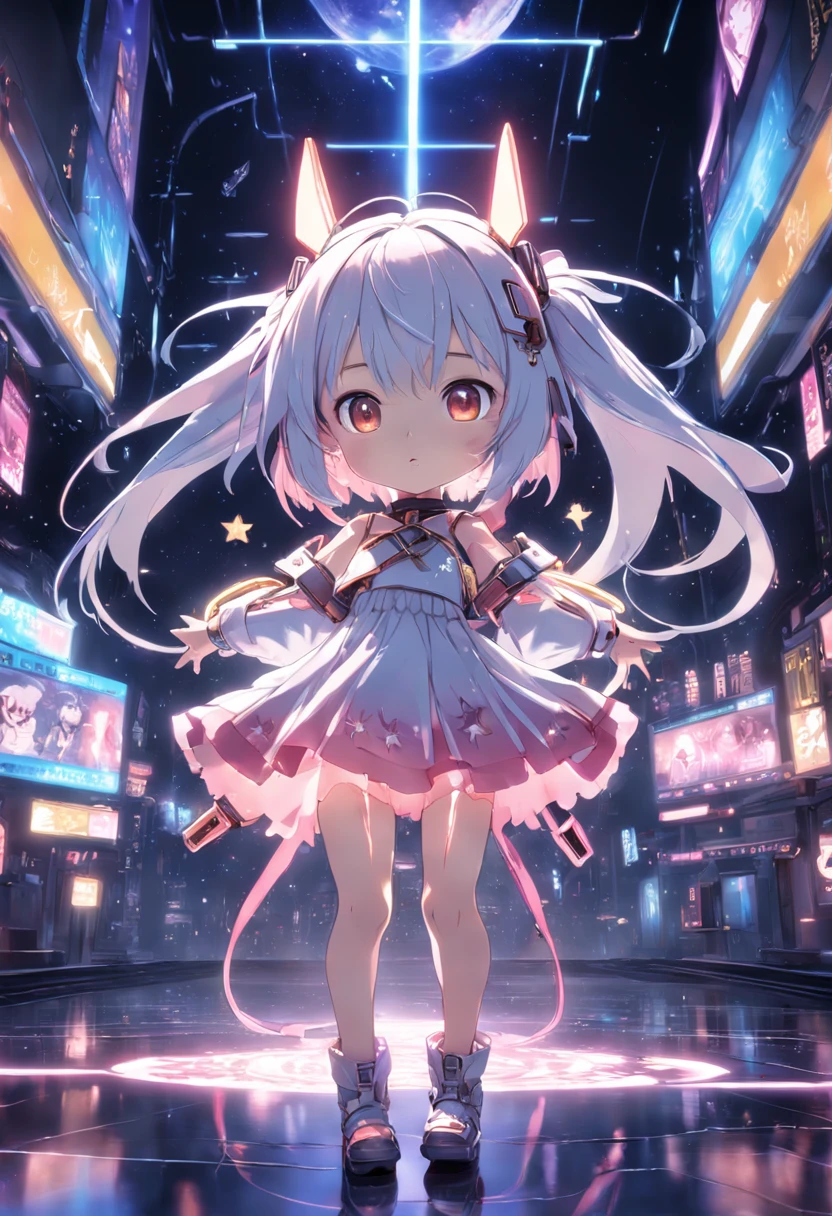 small loli，The stars are anthropomorphic，Transparent machinery，Cyberpunk, dreamy glow, luminous neon lights, ( Global illumination, Ray traching, hdr, unreal render,reasonable design, high detal, Masterpiece, Best quality, hyper HD, Cinematic lighting), Mecha musume