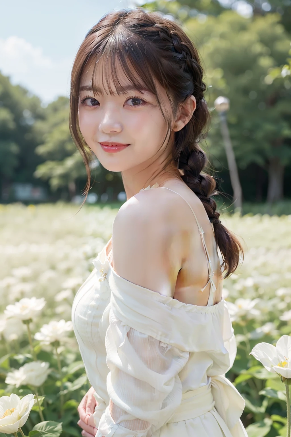 top-quality、​masterpiece、超A high resolution、(Photorealsitic:1.4)、Raw photo、女の子1人、robe blanche、off shoulders、flower  field、glistning skin、Light smile、Braided hair、Floating hair