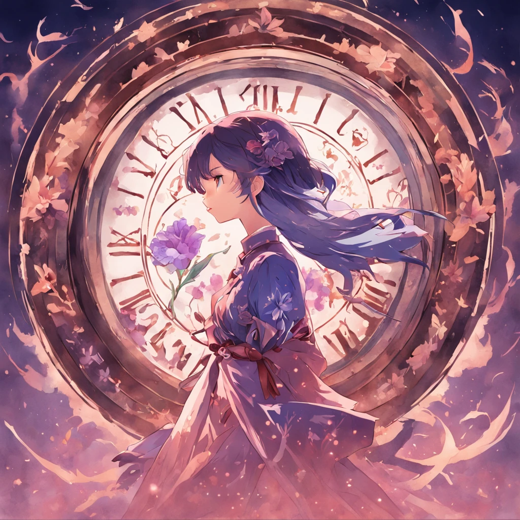 Western vintage dial,There is texture,The overall color is blue,The perimeter of the dial is wrapped in flowers,It's Iris,Very romantic,There should be a logo at the top of the dial,Called "Oops",Background: None,The overall color is blue-purple,anime big breast,Watercolor painting,illustration