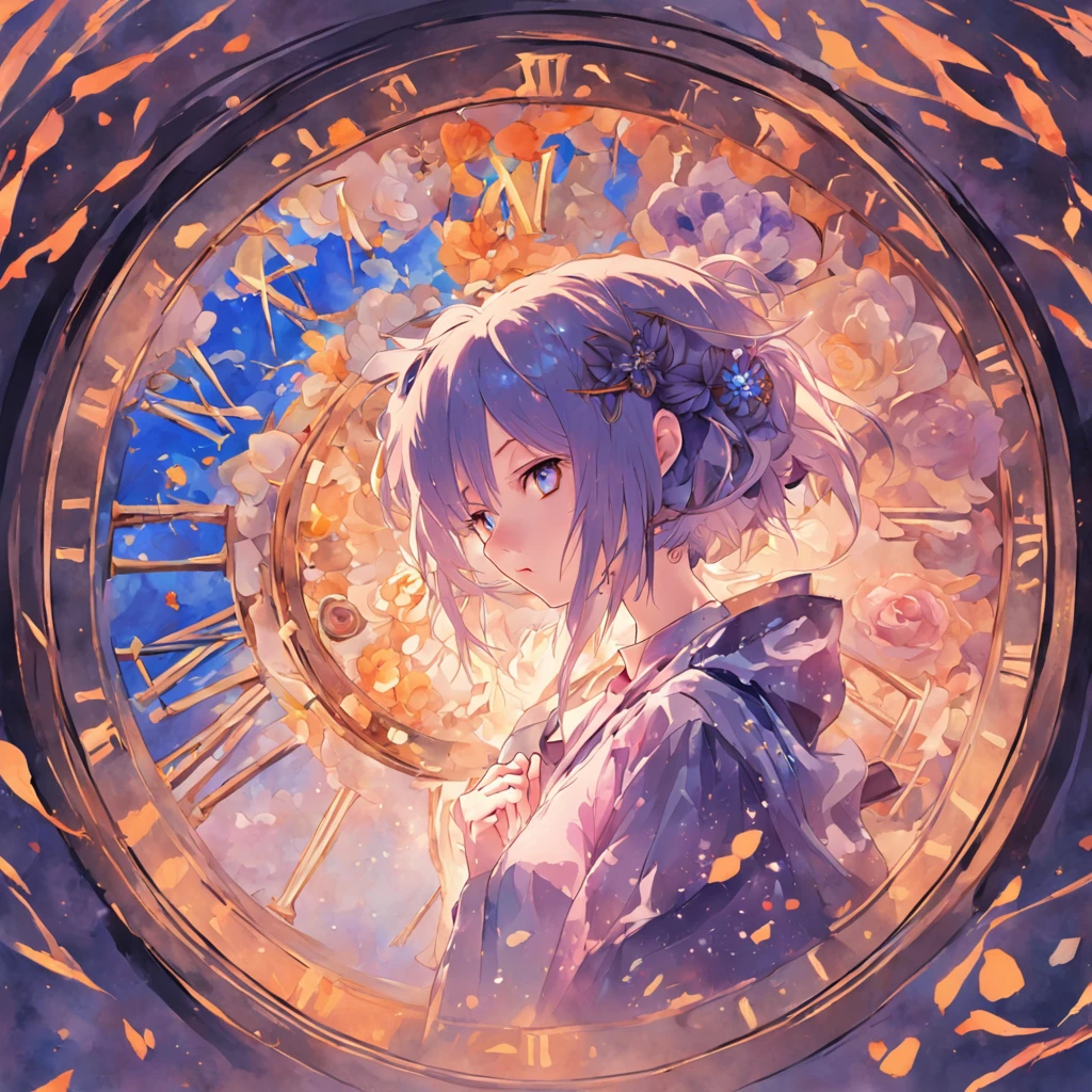 Western vintage dial,There is texture,The overall color is blue,The perimeter of the dial is wrapped in flowers,It's Iris,Very romantic,There should be a logo at the top of the dial,Called "Oops",Background: None,The overall color is blue-purple,anime big breast,Watercolor painting,illustration