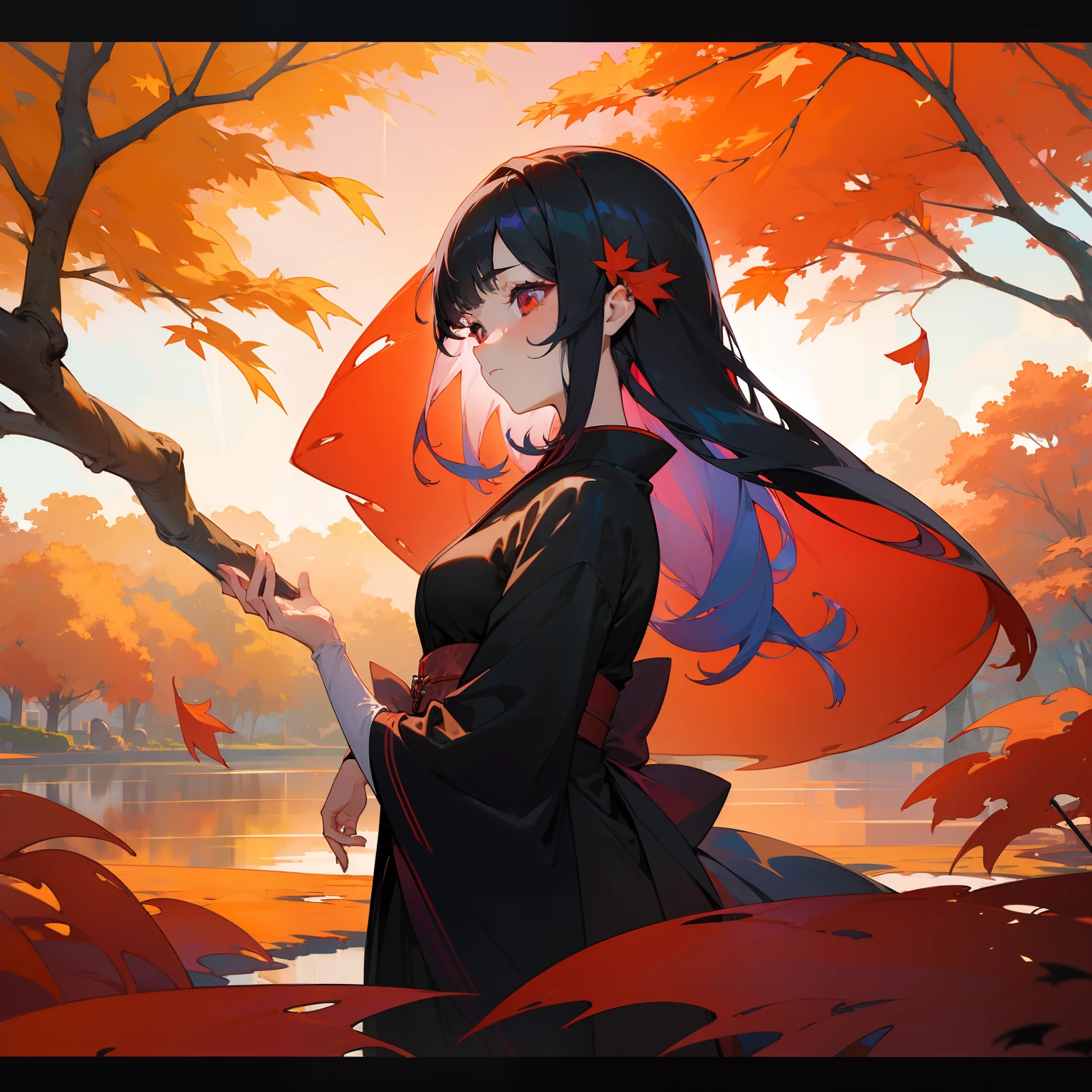 (Beautifully Aesthetic:1.2)、(1girl in:1.3)、(Colorful black and vermilion hair:1.2)、Eau、natta、colourfull、Beautiful sunset、Fantastical、Large tree with autumn leaves、Many autumn leaves are dancing、Japanese dress、sad Facial expression、