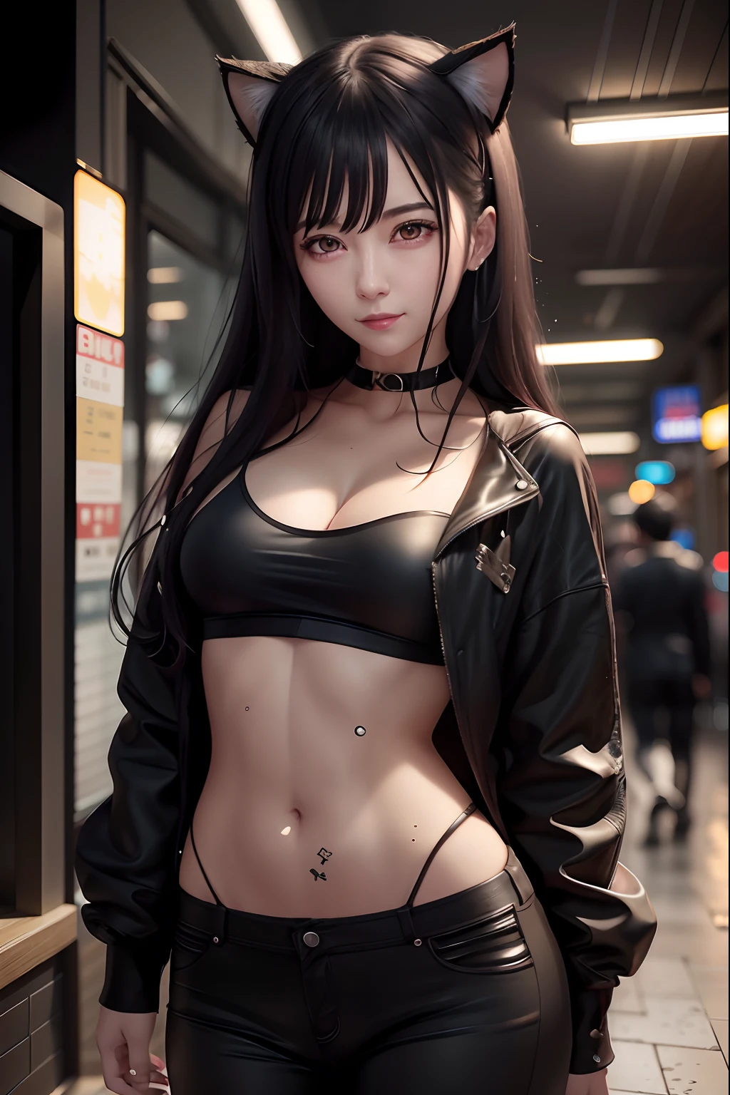 there is a woman in a black top and black pants posing, female cyberpunk anime girl, Cyberpunk Anime Girl, cyberpunk 2 0 y. o Model girl, Seductive Anime Girl, an oppai cyberpunk, 3 d anime realistic, Hyper realistic anime, photorealistic anime girl render, hyper-realistic cyberpunk style, a hyperrealistic schoolgirl, realistic anime 3 d style, photorealistic anime,red-lips
