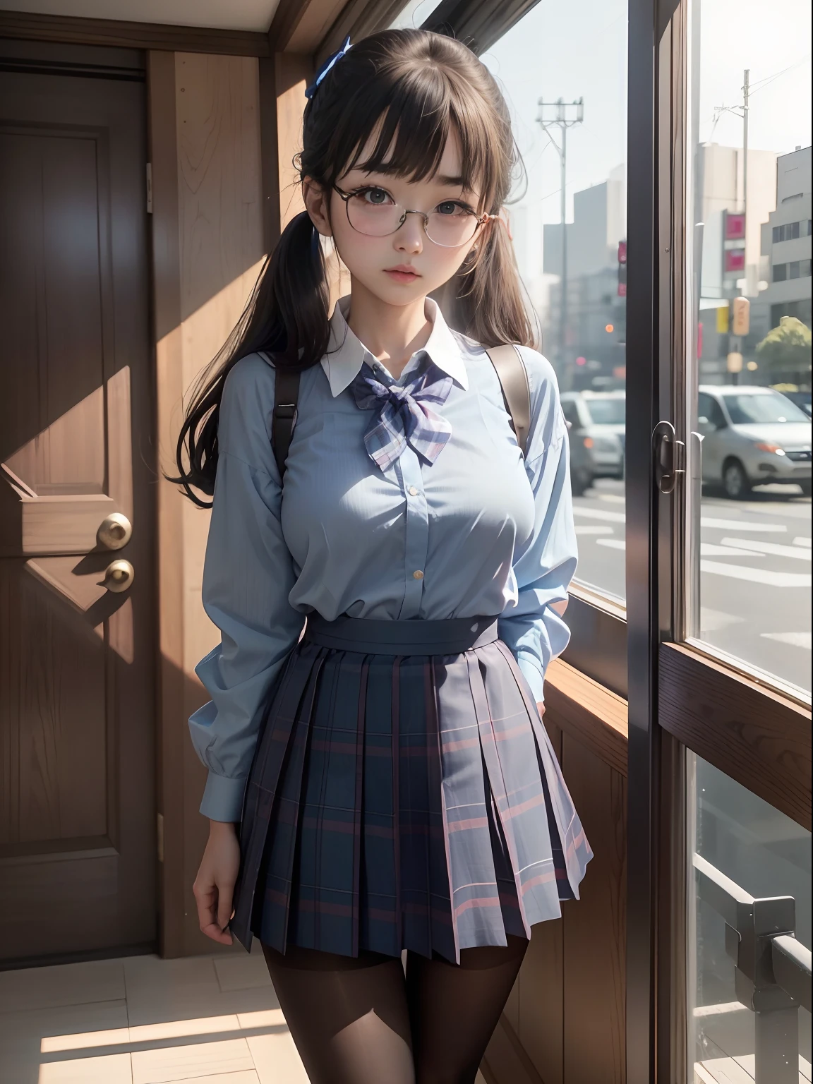(8K、Raw photography、top-quality、masterpiece:1.2),watching at viewers,Looking at the front,Short twin tails,Bullish,Muchimuchi,Erotic,Pupils,Light Blue Bra,de pele branca,kne,(Black pantyhose),absurderes,a small face,small tits,flat breast,Parting the bangs from the middle、Forehead visible,(a cold expression,Tight eyes,glares,Bullish,skinny,Rasping,irate)、masterpiece,top-quality、超A high resolution,Raw photo,ren,Beautiful fece,One Person, 独奏,eye glass,,Dark look,Small breasts,fullllbody,Round glasses、cute little、Back to Student,JK school uniform,hi-school girl,A Japanese Lady,is standing,(Photorealsitic:1.37)、Photon mapping,Realistic、Cute little face,Brown-eyed、Black socks、(Red bow tie)、Radio City、Physically Based Rendering、Foreground、depth of fields、Blurry background、a picture,The girls、Body,beauty legs, Long legs, Thin leg,Tie your hair into one strand on your chest,(Bangs are visible), hair, s lips, Blue_The eye, nosesoft,(Light blue shirt), (Navy and blue and white plaid pleated skirt), Knees are visible,Sheer clothing,, Thigh, Black cotton socks,Nogizaka Idol, 女優, Japanese ido