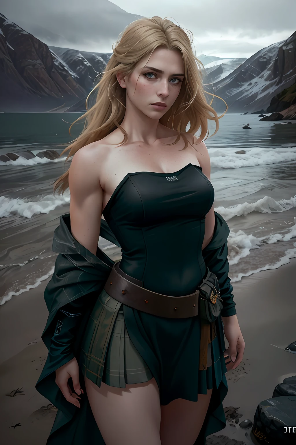photo awarded best quality masterpiece upper body woman freckled face blonde hair blonde blown by wind emerald eyes strapless dress modern by Jeremy Lipking by Antonio J. Manzanedo by lee jeffries Nikon D850 film Stock Photography 4 camera kodak portra 400 lens f1.6 rich colors realistic texture hyper realistic dramatic lighting unreal mechanism trend on artstation cinestill 800, fisheye lens, kilt style, windy beach, Scottish loch, forest