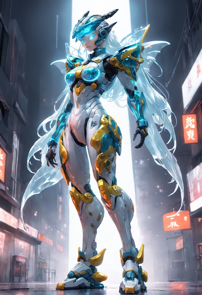 chinesedragon, (Blind box toy style:1.2), (Full body shot) , 1 Transparent girl,Behind him is a transparent Chinese dragon, Transparent mech, Exquisite helmet:1.2, Luminous goggles:1.2, Cyberpunk, dreamy glow, luminous neon lights, Clean, White background, ( Global illumination, Ray traching, hdr, unreal render,reasonable design, high detal, Masterpiece, Best quality, hyper HD, Cinematic lighting)