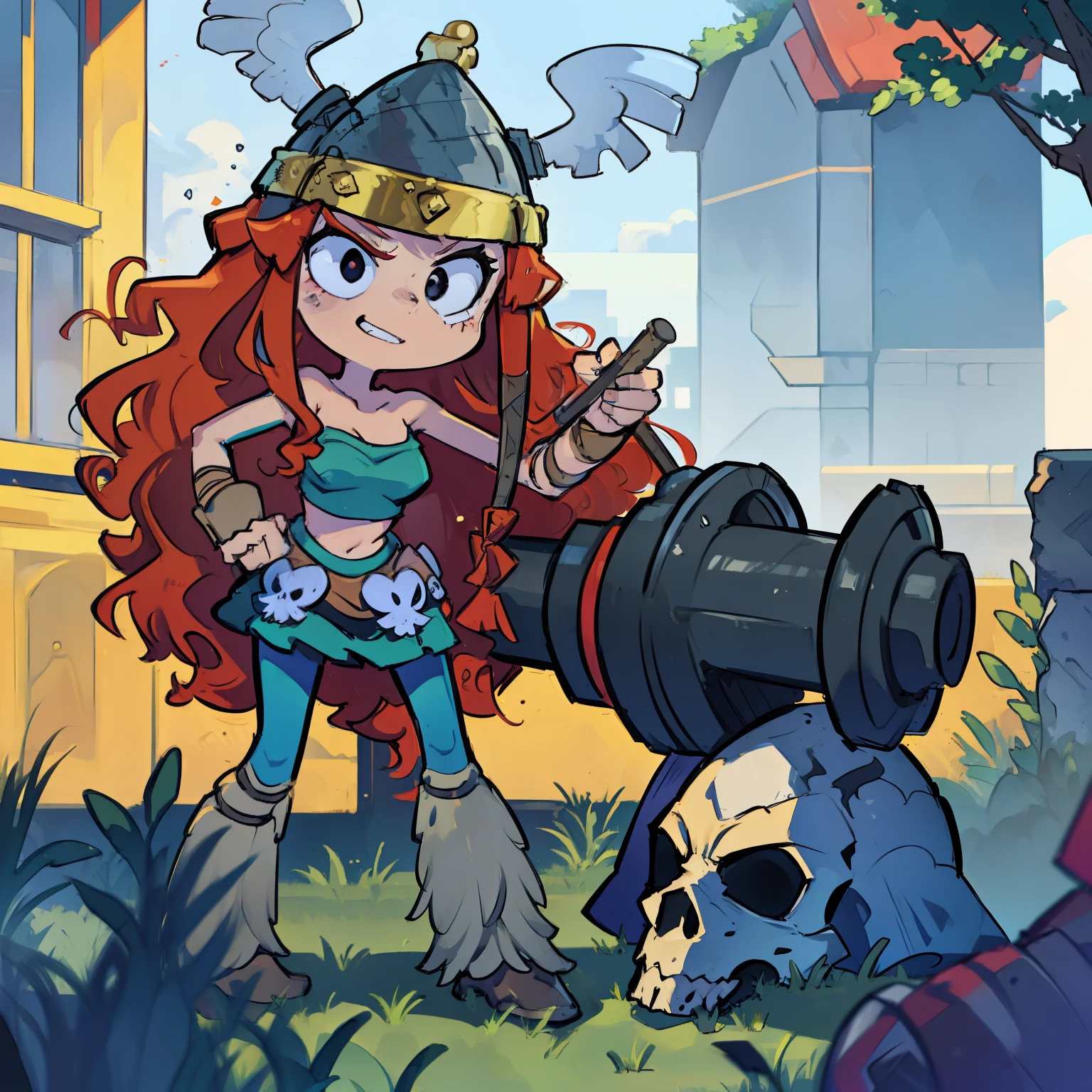 1girl, Barbara, long hair, red hair, helmet, skirt, tube top, curly hair, skull, black eyes