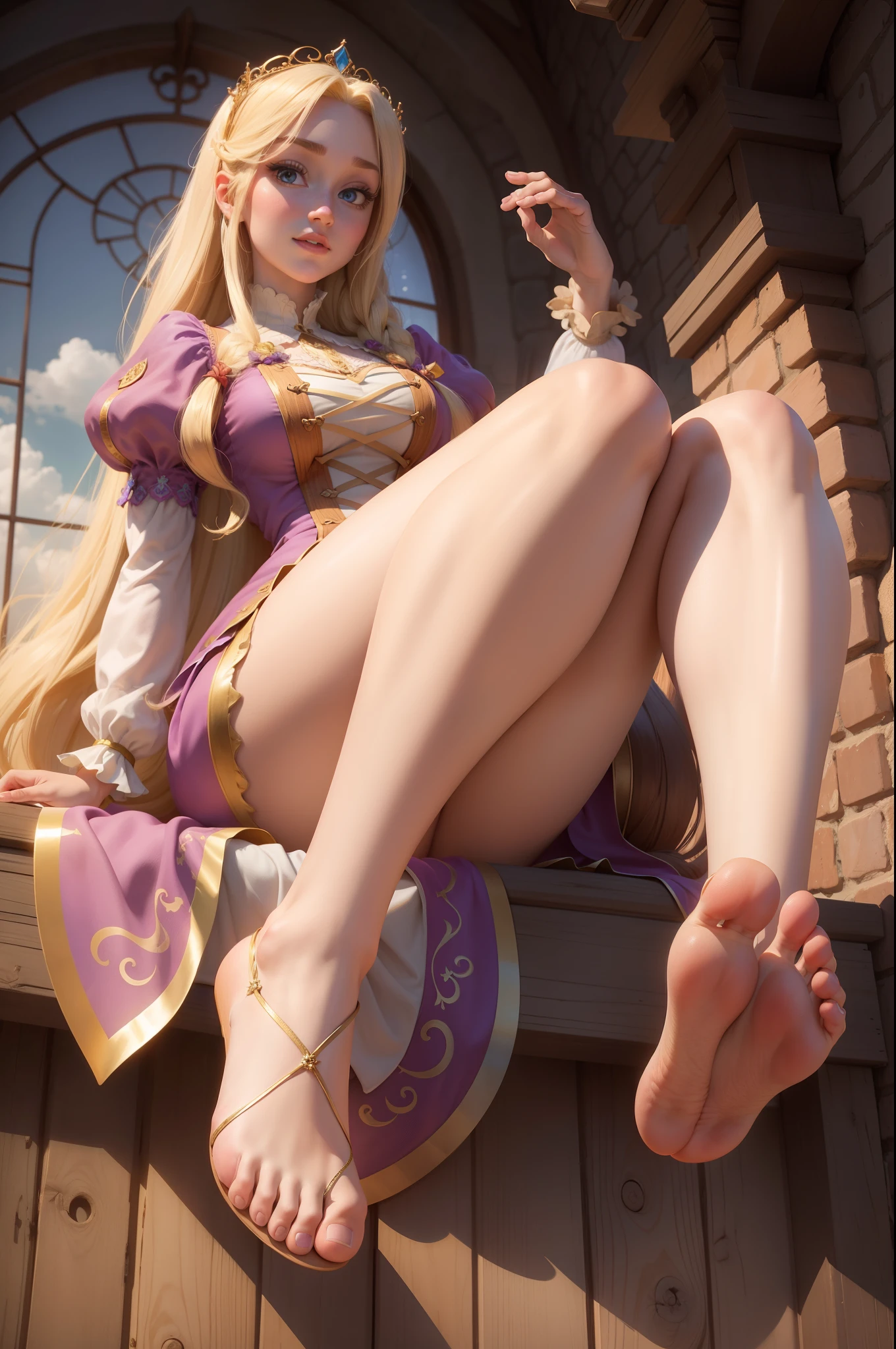 beautiful Rapunzel from Tangled, foot fetish, high sole, bare soles, ultra detailed