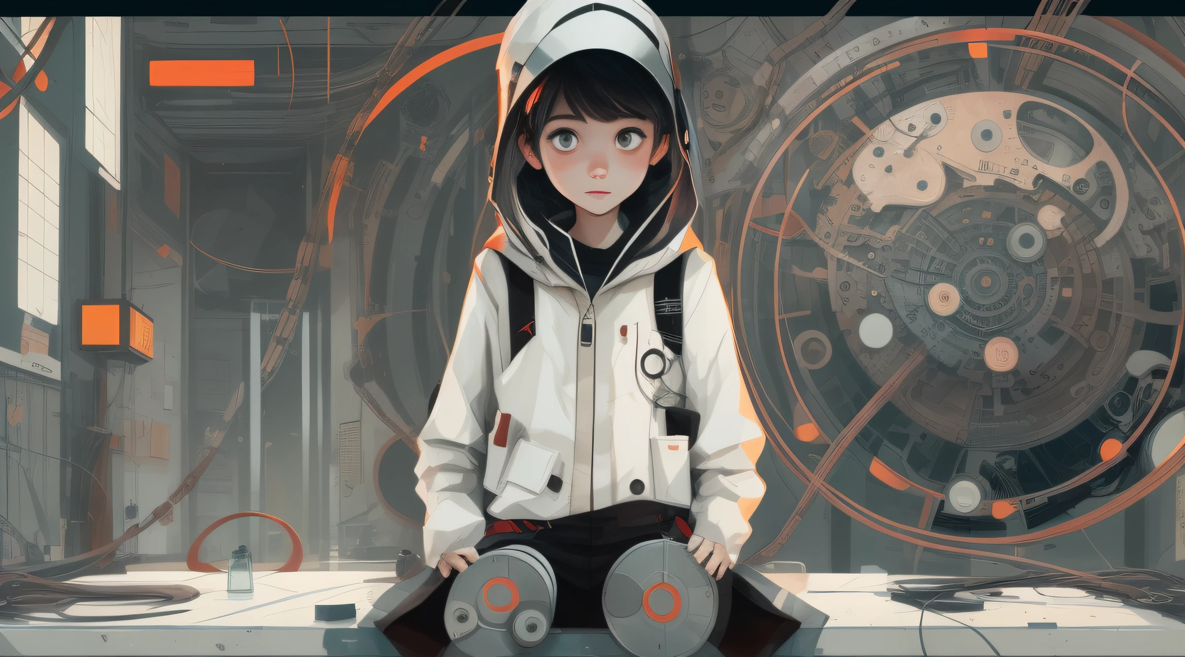 1Menina bonito com roupas techwear, Mechanical spider, circles, Fractais, art-station, CGSetnation, arte por Pascale Campion