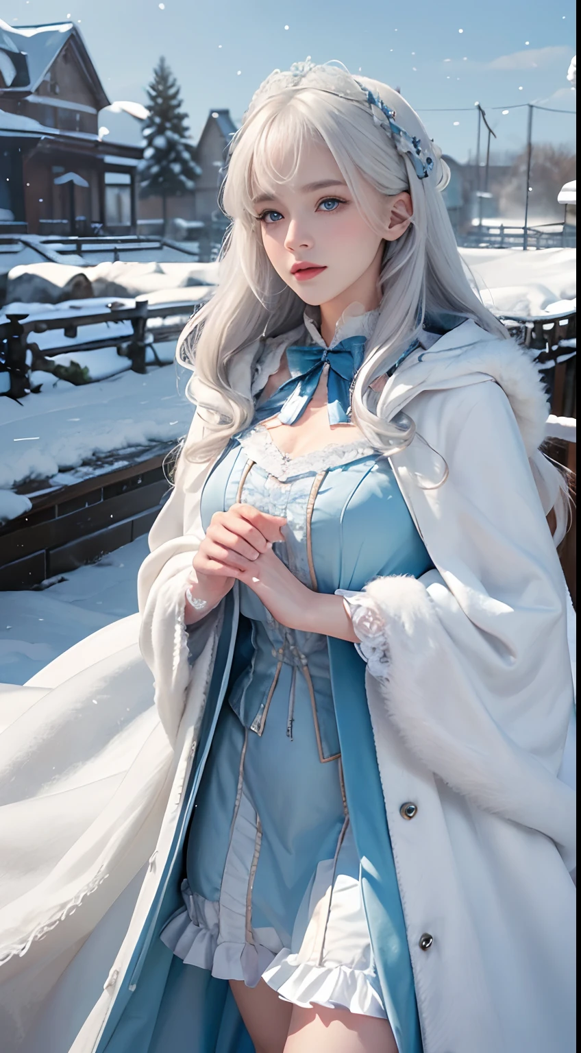 Photorealistic, high resolution, 1 Women, Solo, (Lolita costume)，Gorgeous costumes，Face the audience，The upper part of the body，upper legs， beautidful eyes, White hair, ringed eyes, (outside，Heavy snowfall，Cloak，Cover with snow)，snowfield，Blue eyes，Illustrations of the highest quality，A meticulous face