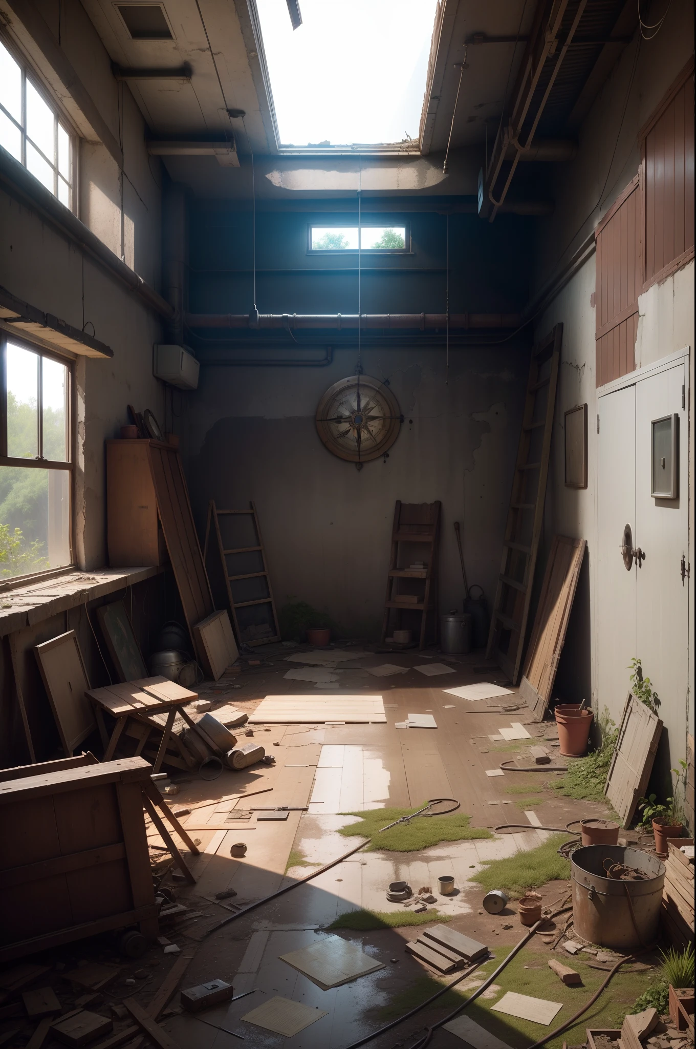 antique compass workshop, large compass on wall. Apocalyptic abandoned warehouse, many safes piled up in the warehouse, industrial style many pipes, seats, cables, poles, rusty guardrails, gray walls, damaged wall paint, some garbage on the floor, very detailed advertising, spotlights (very radiant), humidity, artificial and sterile environment, daytime sunlight coming down from the roof through cracked windows, vegetation between cracks in the walls and floors