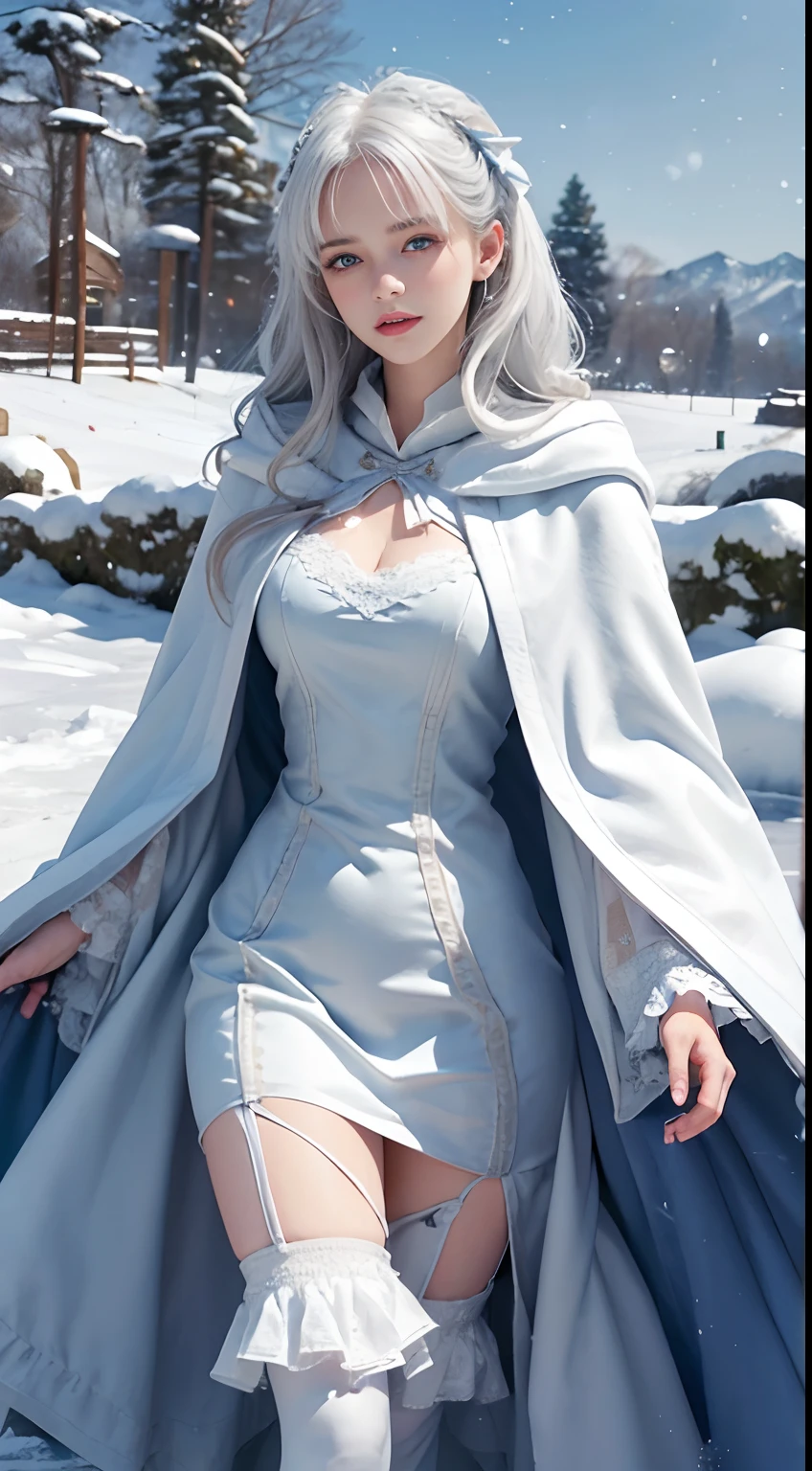 Photorealistic, high resolution, 1 Women, Solo, (Lolita costume)，Gorgeous costumes，Face the audience，The upper part of the body，upper legs， beautidful eyes, White hair, ringed eyes, (outside，Heavy snowfall，Cloak，Cover with snow)，snowfield，Blue eyes，Illustrations of the highest quality，A meticulous face