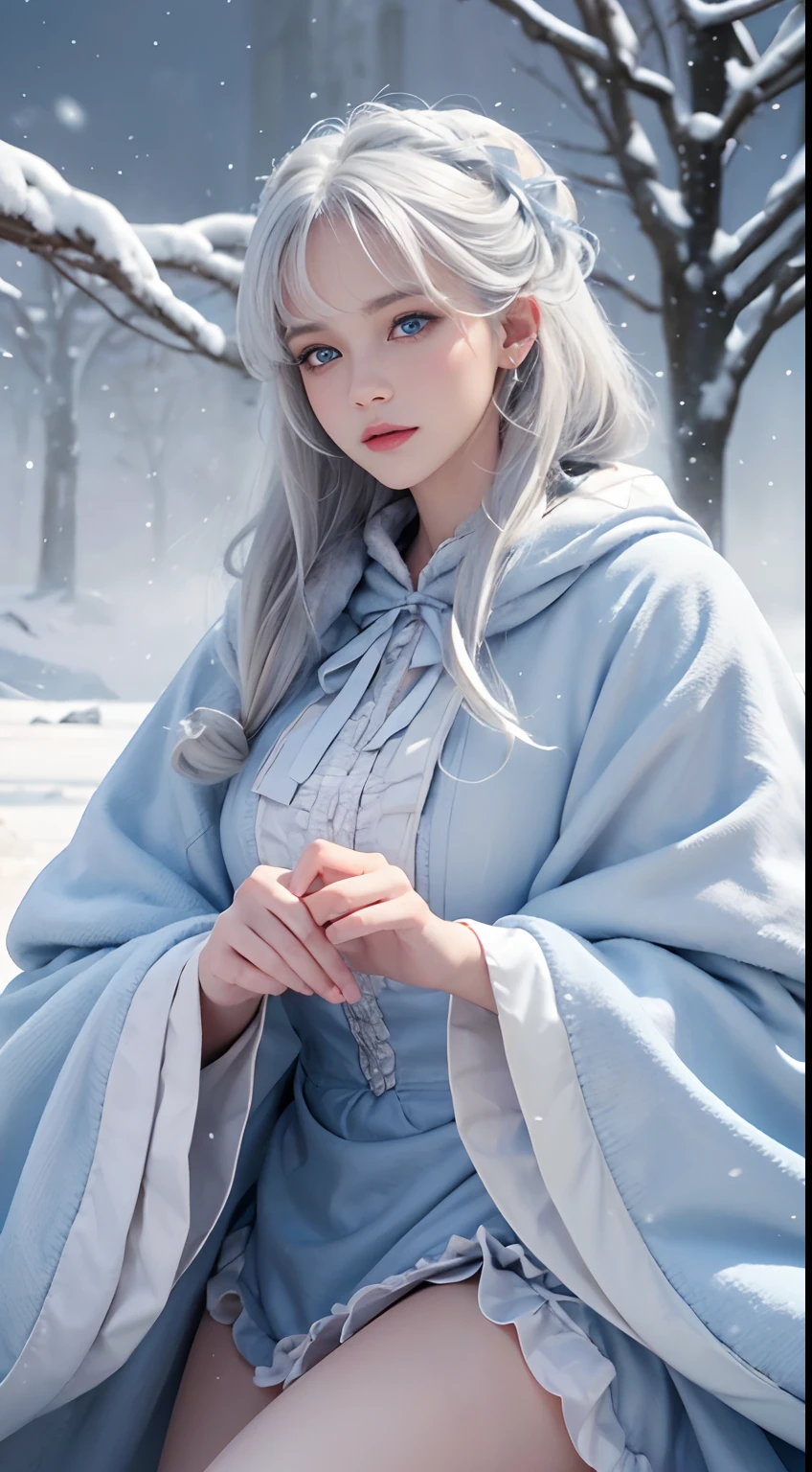 A woman with white hair and blue dress posing in the snow - SeaArt AI