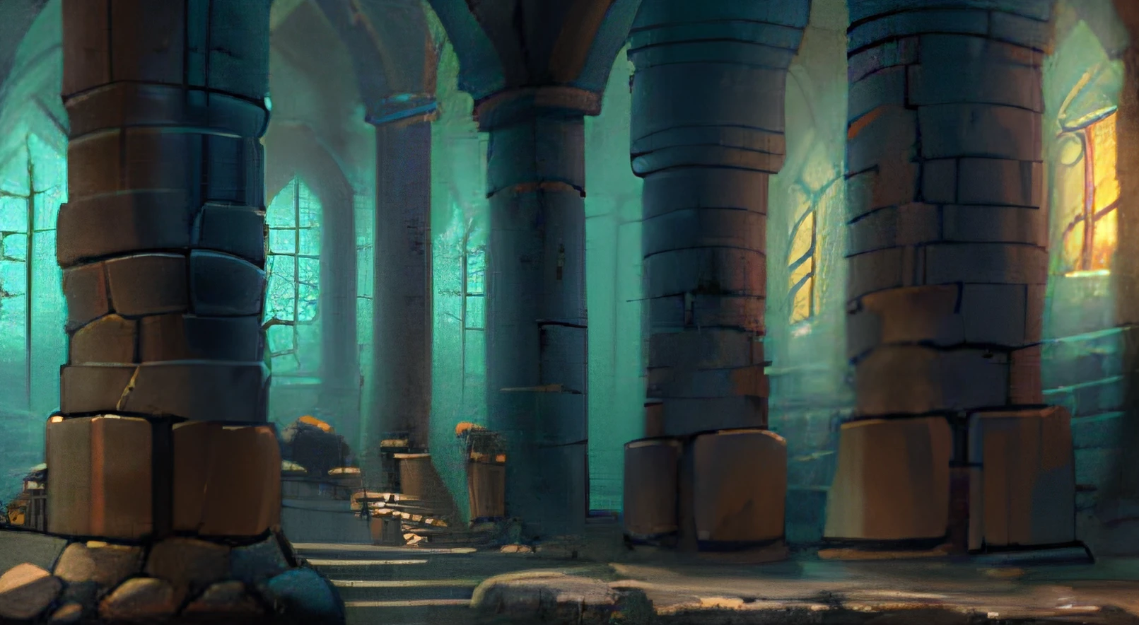 Close-up of a room with stone floors and pillars, Underground monasteries, Markers, rustic throne room, mysterious temple setting, Water Temple, Ancient dungeons, Detailed textures and lighting, Dungeons of ancient Persian temples, small chamber. hyper realisitic, In ancient vaults, Submerged temple scene, Ancient biomechanical temples, Ancient brass Dwemer ruins