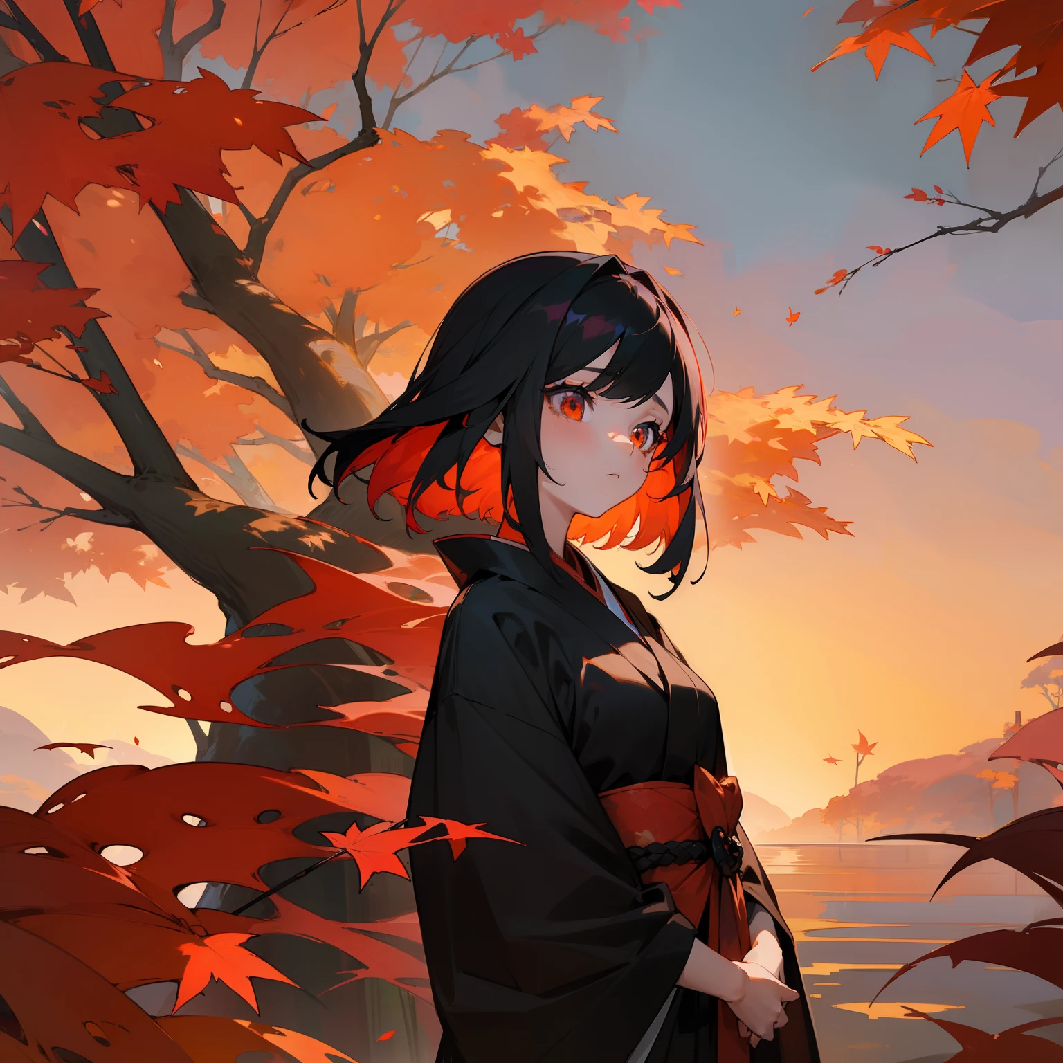 (Beautifully Aesthetic:1.2)、(1girl in:1.3)、(Colorful black and vermilion hair:1.2)、Eau、natta、colourfull、Beautiful sunset、Fantastical、Large tree with autumn leaves、Lots of autumn leaves、Japanese dress、sad Facial expression、