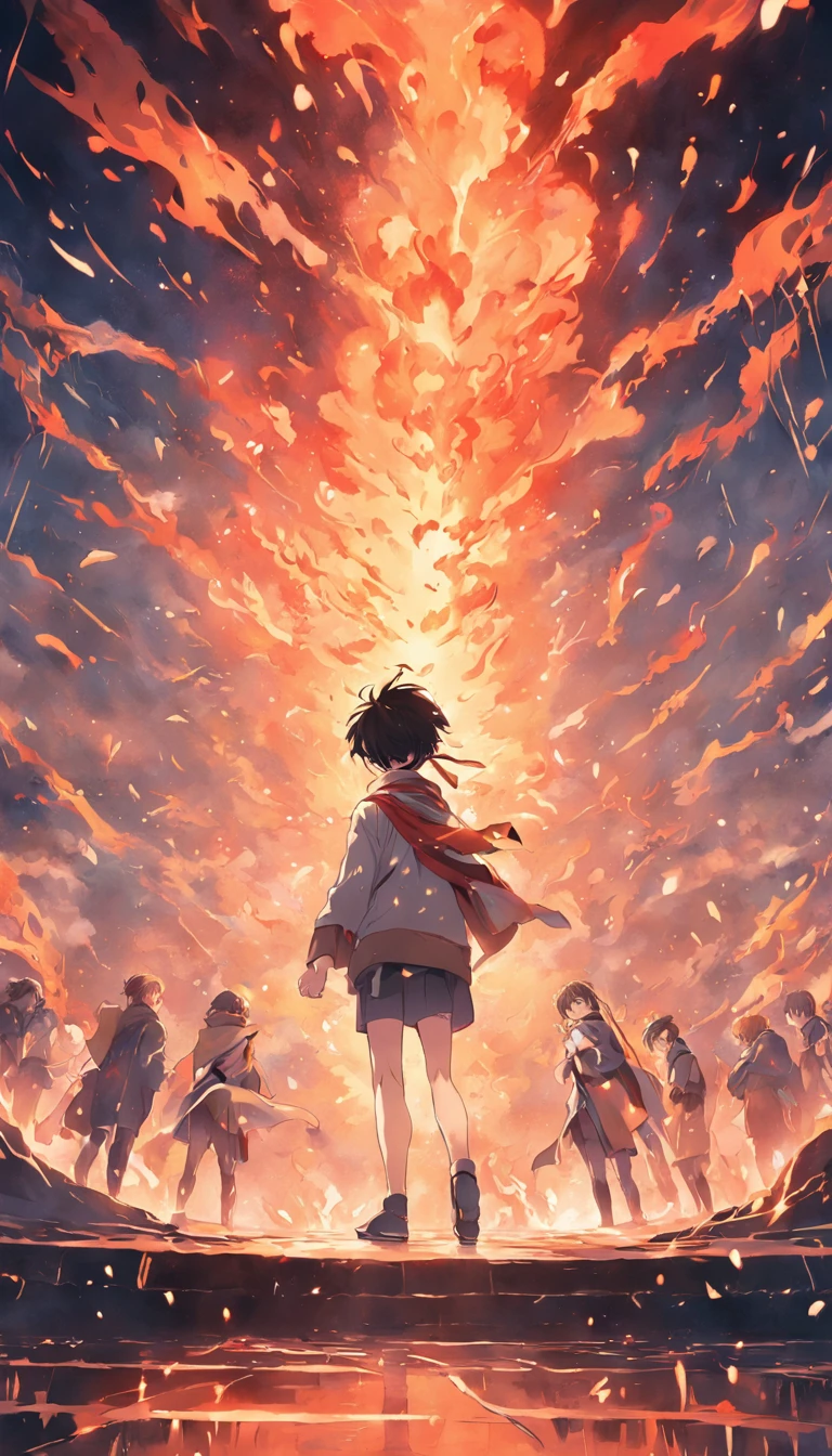 A group of troops,volcano exploding,Flames surround,swirles,Light of Faith poster, Light of Hell,Thriller,anime still film anime shikishi,fish eye