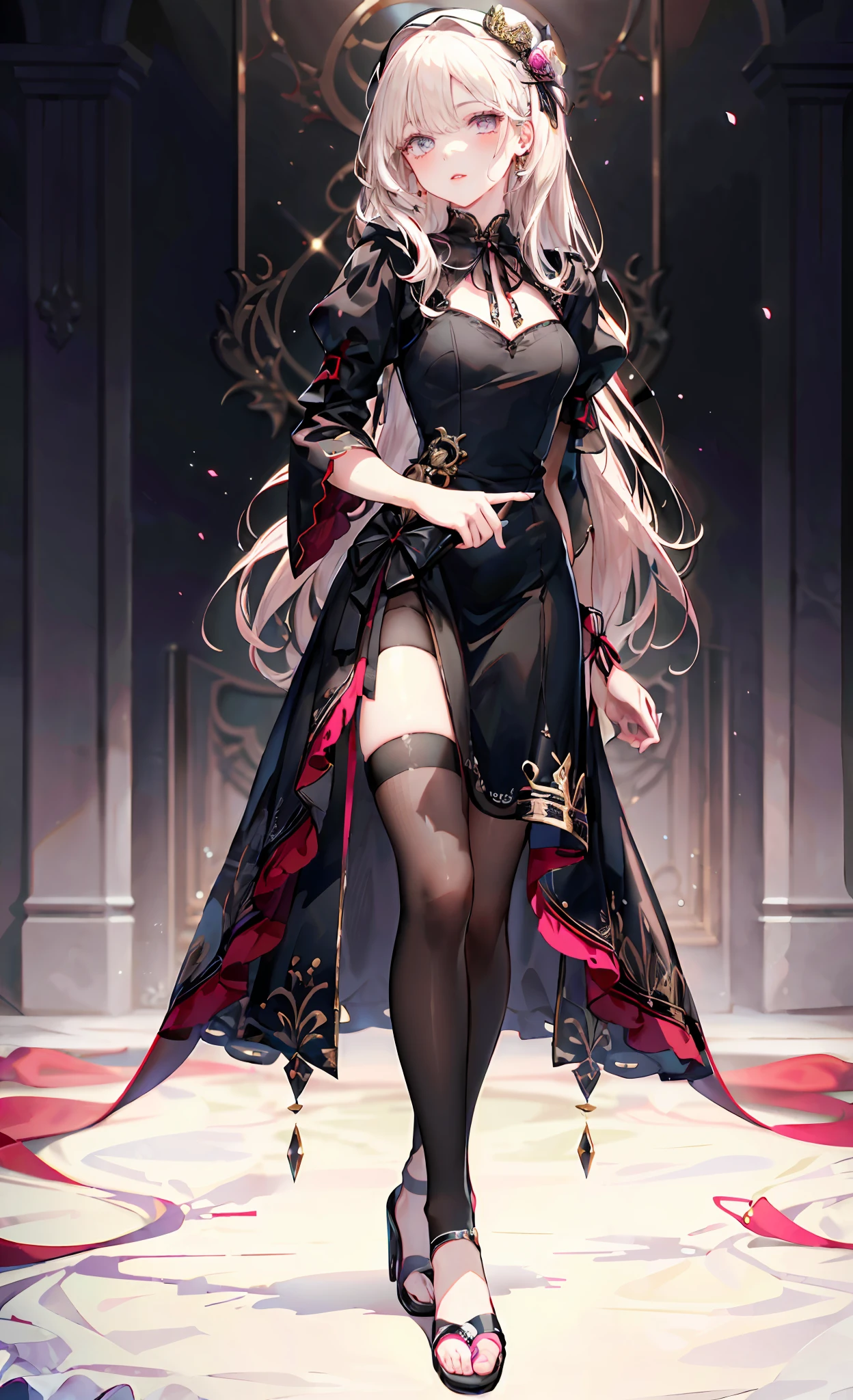 (Complete head:1.9),meticulous portrayal of face,1 noblewoman,a matural female,Black dress long dress,(black lence stockings+),(Ribbon sandals with thin heels),(Black stocking feet+),Pink White Long Hair,Prom background, Perfect body, s the perfect face, perfect hand, Perfect Finger, Perfect lips, perfect eyes, Perfect background