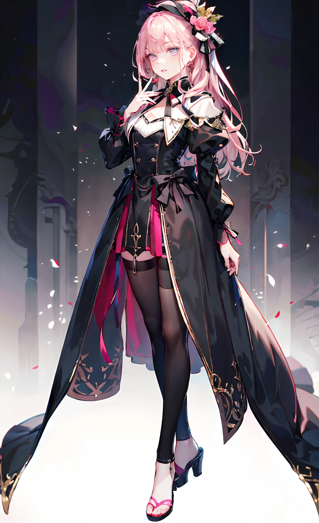 (Complete head:1.9),meticulous portrayal of face,1 noblewoman,a matural female,Black dress long dress,(black lence stockings+),(Ribbon sandals with thin heels),(Black stocking feet+),Pink White Long Hair,Prom background, Perfect body, s the perfect face, perfect hand, Perfect Finger, Perfect lips, perfect eyes, Perfect background