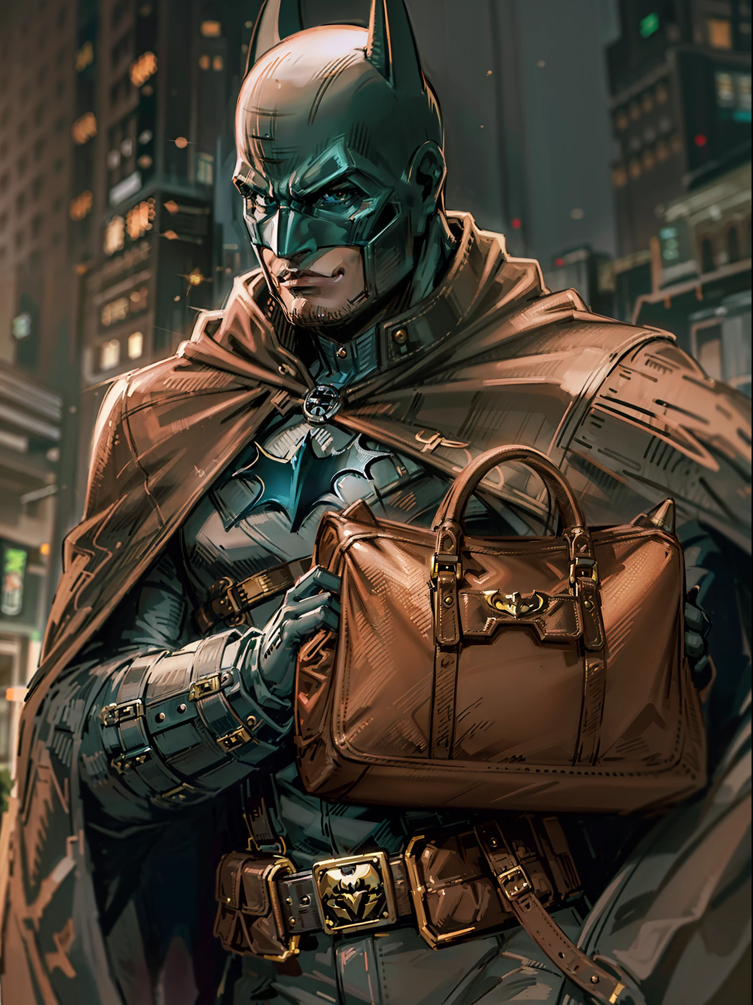 Close-up of Batman, the iconic vigilante of Gotham City, emanating an aura of confidence as he showcases his unparalleled skills. In his hand, he firmly holds "Stylish and trendy brown handbag with intricate detailing and premium craftsmanship, meticulously examining its intriguing contents.