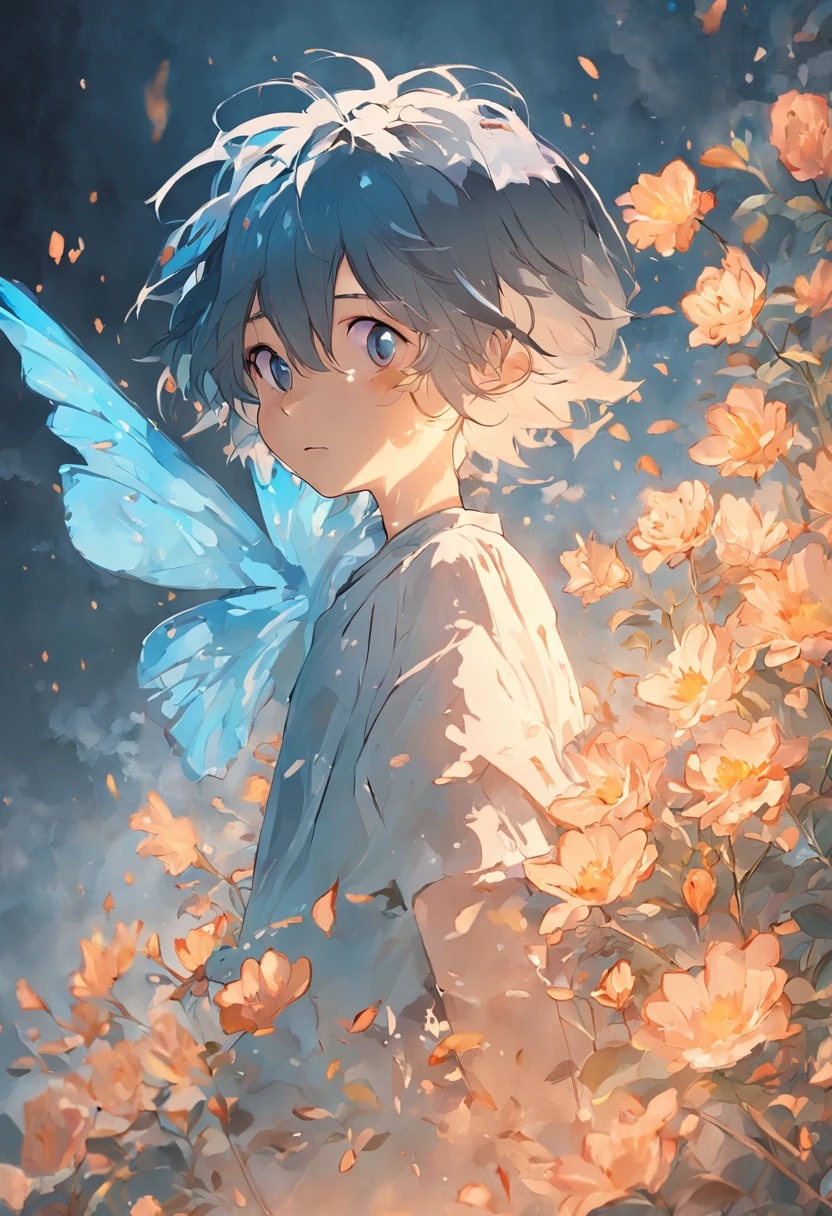 Blooming flowers flutter in the wind，The boy in the flower，Light blue and silver design，Pay attention to the texture of the skin and flowers，Sony FE 12-24mm F/2.8 gm，Impressionist garden，Proficient in calligraphy，eco-friendly craftsmanship，Brush stroke exploration