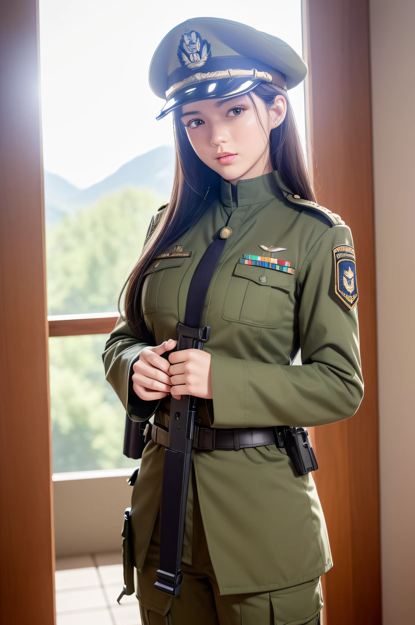 Very detailed CG unity 8K wallpaper，（tmasterpiece），（best qualtiy），（ultra - detailed），（Ultra photo realsisim），（best character detail：1.36），Nikon D750 f / 1.4 55mm，profesional lighting， physically-based renderingt, 1girll, Female soldier，army suit，Dark green military uniform，Fabric texture military uniform，（（（Headband with officer's hat））））（((Hanging a firearm：1.2)），Pure white lining，Dark green tie，Black hair，the golden ratio,[:(com rosto detalhado:1.2):0.2]:,PureErosFace_V1, broad shoulder,,(big assa:1.5)，Soaked with sweat，red flags，In the square，Splendid scenery，bright sun，upper body photos，Place your hands on your chest，（（（Fighting posture：1.8））），（（（Collar：1.2））），（（（Wearing a military cap：1.2）））,Perfectcomposition