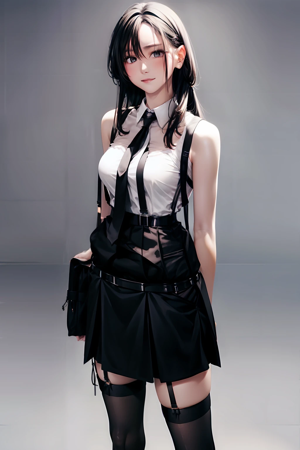 a black skirt, neck tie, Tank tops suspenders, Long Black Hair, Gray eyes, holster, Garter belt on the legs, , Moderately breasts, Pichi Pichi clothes, both sides Behind a belt