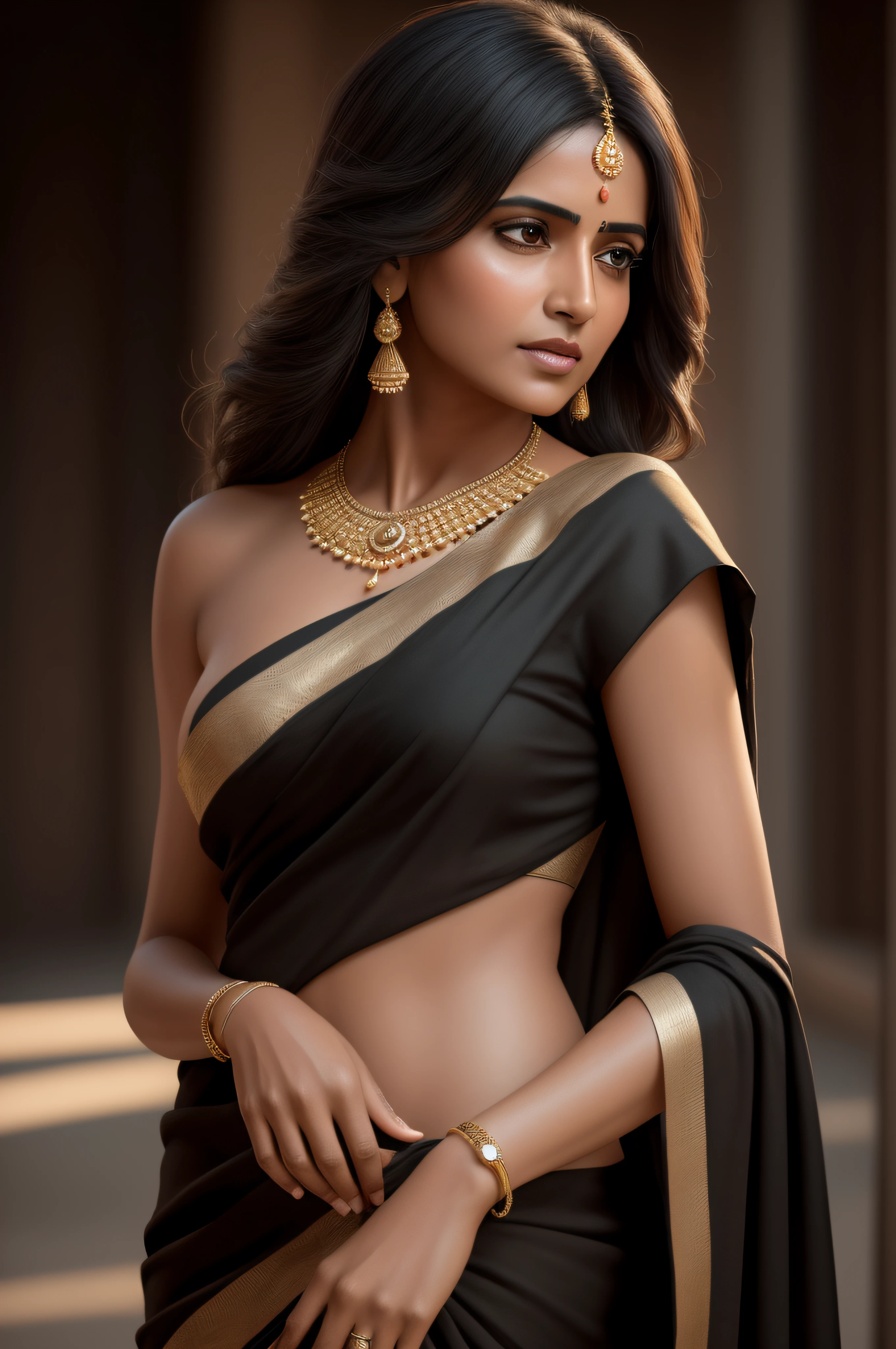 best quality, masterpiece, (realistic:1.2), young woman,waist up, modern style, detailed face, detailed eyes, detailed dark updo hair,strict expression, detailed skin, (saree:1.2),(look at viewer), dramatic, vibrant, standing, (big breasts:1.2),(nipple:0.1)