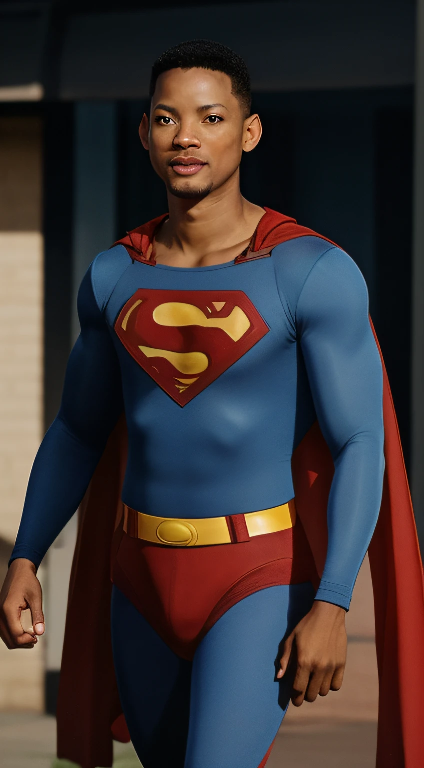 close-up, man (Will Smith, wearing a classic superman suit)