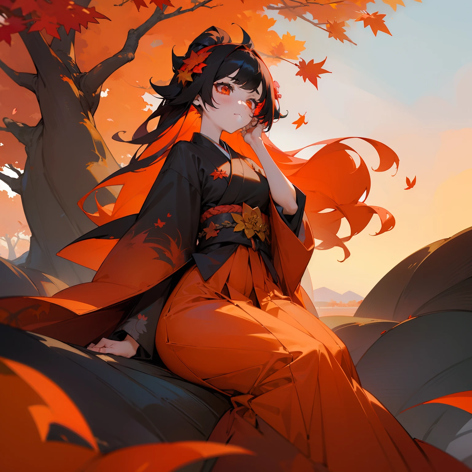(Beautifully Aesthetic:1.2)、(1girl in:1.3)、(Colorful black and vermilion hair:1.2)natta、colourfull、Beautiful sunset、Fantastical、Large tree with autumn leaves、Lots of autumn leaves、Japanese dress、sad Facial expression、