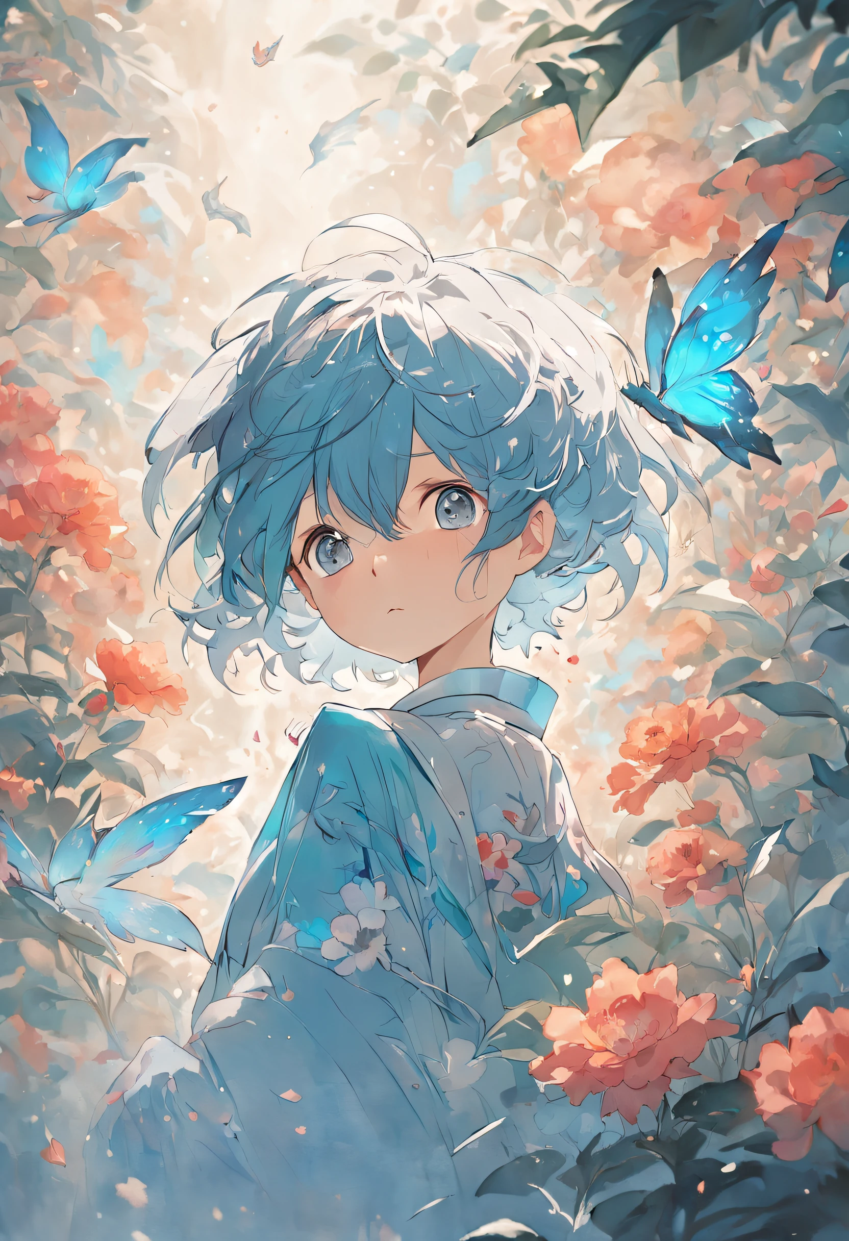 Blooming flowers flutter in the wind，The boy in the flower，Light blue and silver design，Pay attention to the texture of the skin and flowers，Sony FE 12-24mm F/2.8 gm，Impressionist garden，Proficient in calligraphy，eco-friendly craftsmanship，Brush stroke exploration