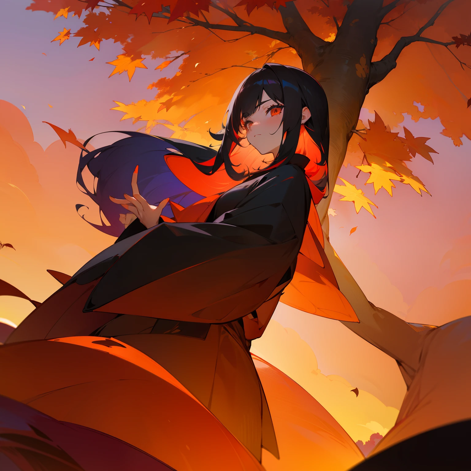 (Beautifully Aesthetic:1.2)、(1girl in:1.3)、(Colorful black and vermilion hair:1.2)natta、colourfull、Beautiful sunset、Fantastical、Large tree with autumn leaves、Lots of autumn leaves、Japanese dress、sad Facial expression、