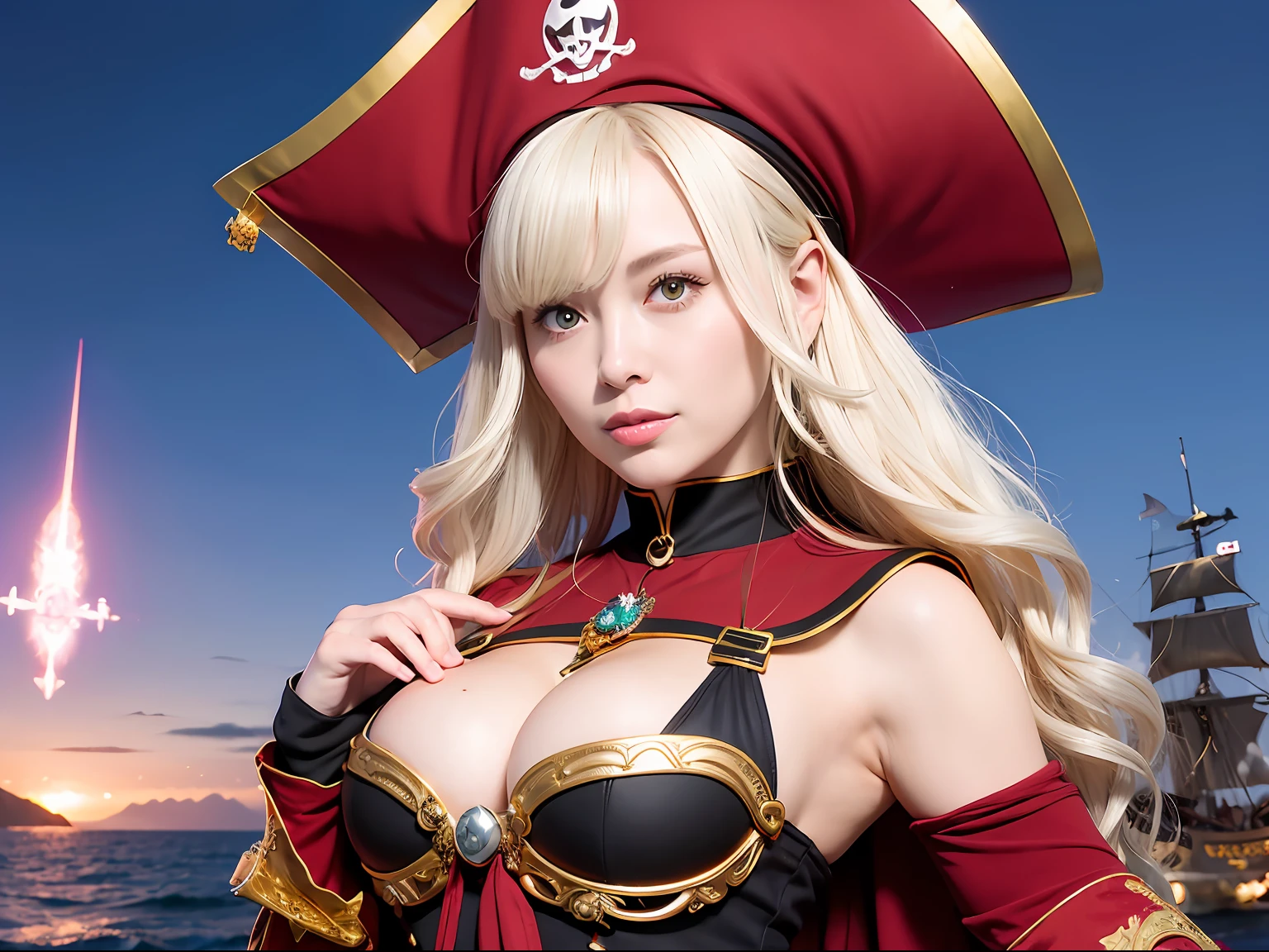(masutepiece), Professional , ​masterpiece、top-quality、photos realistic ,  （Gemstone Silver Metal Body:1.９),(Matte White、（Put on a pirate hat）、Jewel Gold Weapon（Jewel Metal Body:1.４),Gorgeous metal weapons , Detailed Sword of the Brave , Beautiful knife   ,warhammer 40k , The port town、adepta sororitas,Detail and ornate jewel crown、Black hair、Gangle's forest background、Beautiful Caucasian beauty、１a person、Tasteless pirate ship background、dynamic ungle,(((Mystical expression)))、Smaller head、A smile、Take a sexy pose、Background inside the castle、Thin and beautiful female hands、cleavage of the breast、Soldier in iron armor on background、Man soldier in iron armor on background、Sea view、Pirate Ship、Woman or stand in the center、Lots of pirate ships、Luminescent particles,light scattering,Tindall Effect
