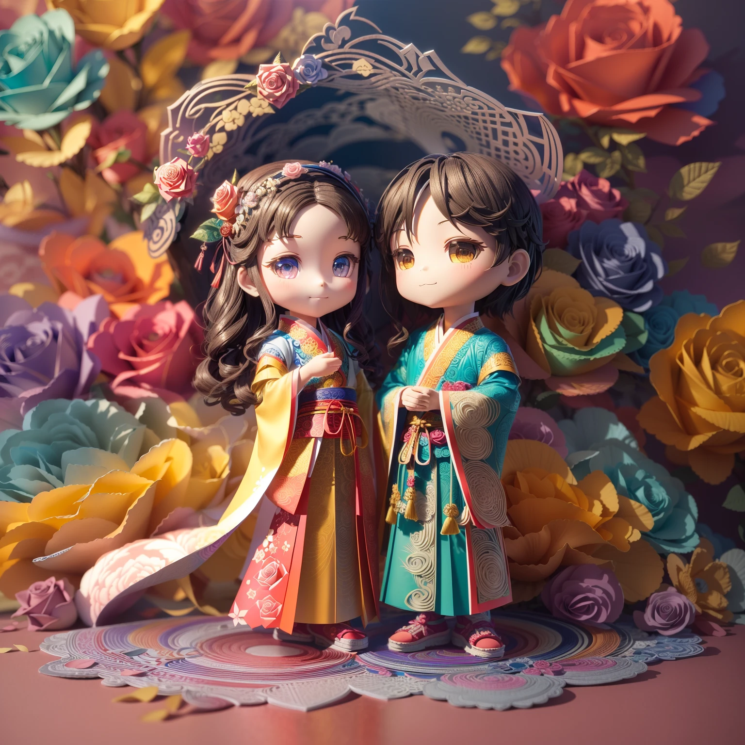 Rainbow Colors theme,(1 girl and 1 boy,Wear Hanfu and carry it hand in hand,Masterpiece rose,ssmile), (illustration:1.2,paper art:1.2, zentangle:1.2, geomerty:1.2,a 3D render),(Best quality, high detal, Masterpiece, Cinematic lighting, 4K, Chiaroscuro)