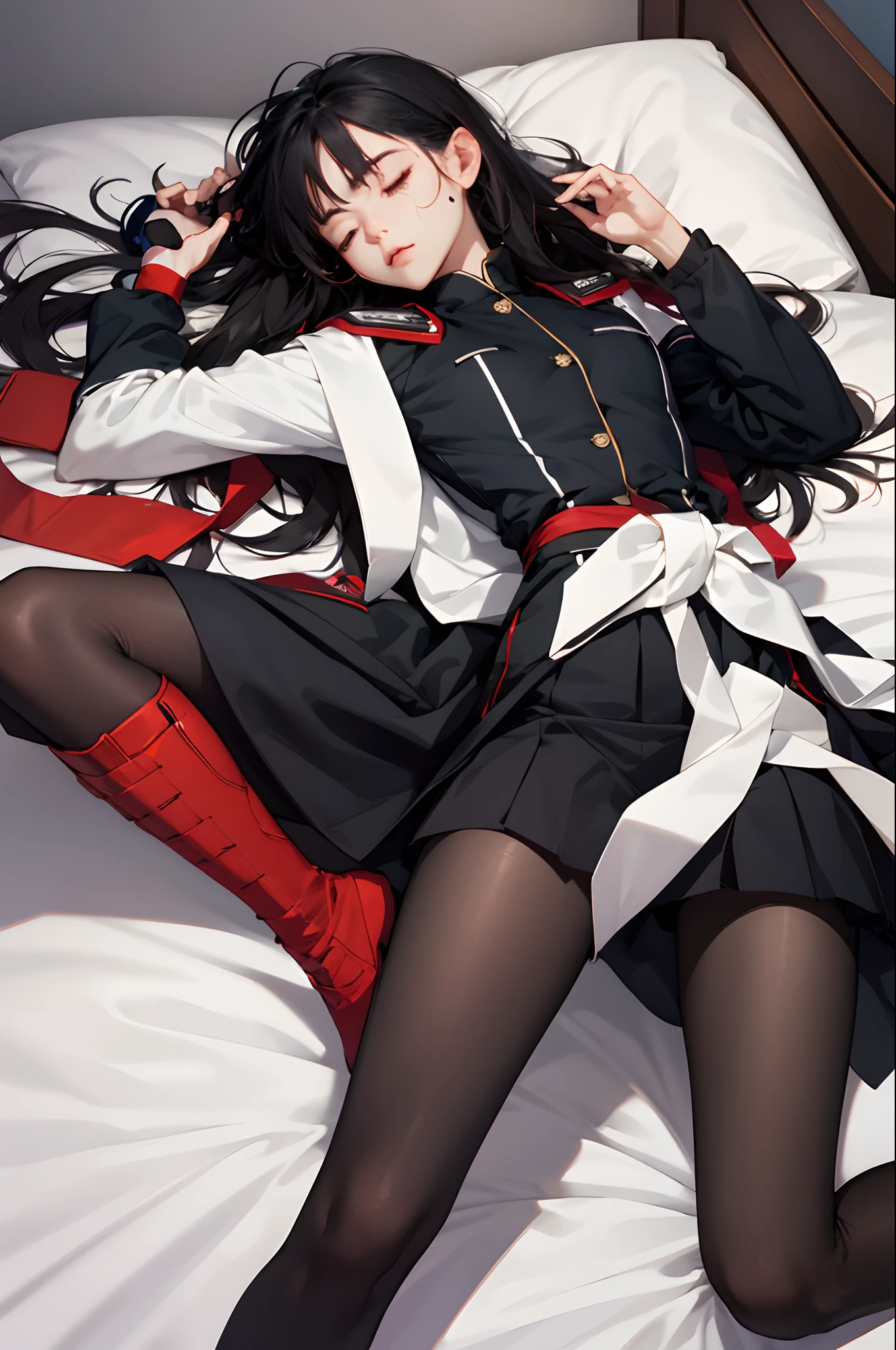 1 rapariga, black pantyhoses, 校服, long whitr hair, eyeslashes, (on_back:1.3), Be red in the face, teardrop, Beds, s asleep, tmasterpiece, (flat lay:1.3), Large font, tmasterpiece, Hotel, (natta:1.5), (bleak:1.5), high high quality, Masterpiece thighs spread