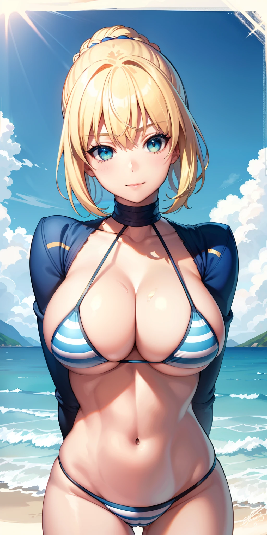 Striped micro bikini, blonde short hair, young, cute, beautiful girl, gigantic breasts, close-up, excited face, best body, wet body, seaside, straight ahead, looking at the viewer, 8K, very detailed, best quality, super high resolution, masterpiece,