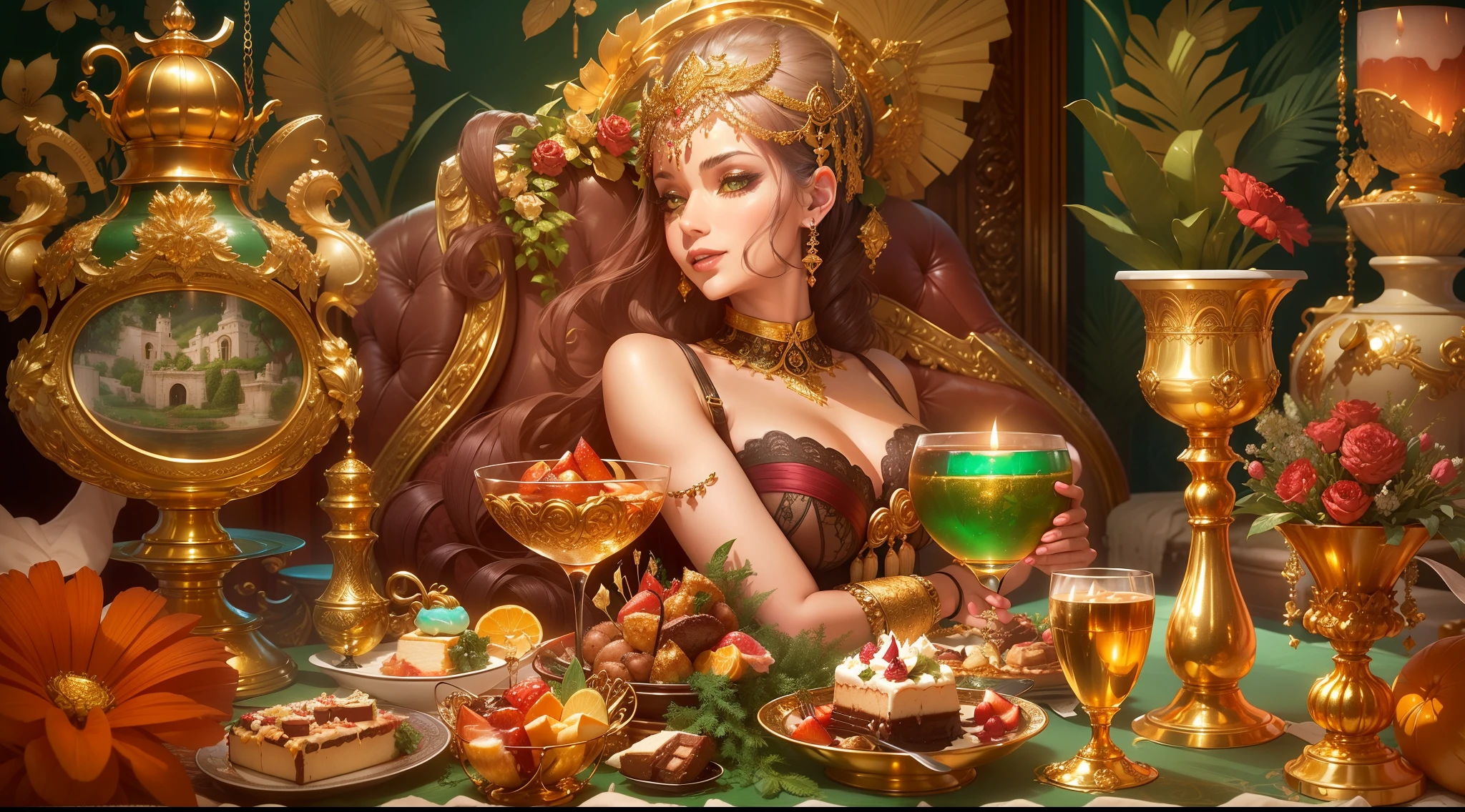 Create a captivating image that embodies the concept of hedonism, capturing the essence of indulgence, pleasure, and self-gratification. Craft a scene featuring opulent surroundings, ((vibrant colors like gold, deep reds, and lush greens)), and characters engaged in hedonistic activities such as savoring fine food, reveling in leisure, and indulging in excess. Integrate symbols of pleasure like overflowing goblets and sumptuous desserts, conveying a carefree atmosphere through expressions and body language. Infuse the scene with intricate details showcasing lavish textiles, ornate decor, and fine craftsmanship. The final image should provocatively communicate the allure of hedonism, inviting viewers to contemplate the theme and revel in the world of unbridled pleasure.