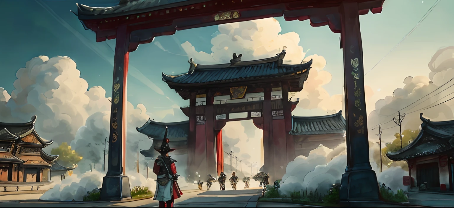 The streets of Chang'an City,There is a path to the distance,The picture is a first-person perspective,There is a warrior standing nearby,and costume girls,At the end of the road is Chang'an City(Different regions can represent different sectors)。There are elements of clouds between the paintings。The whole painting is painted in ink and watercolor or Chinese style。