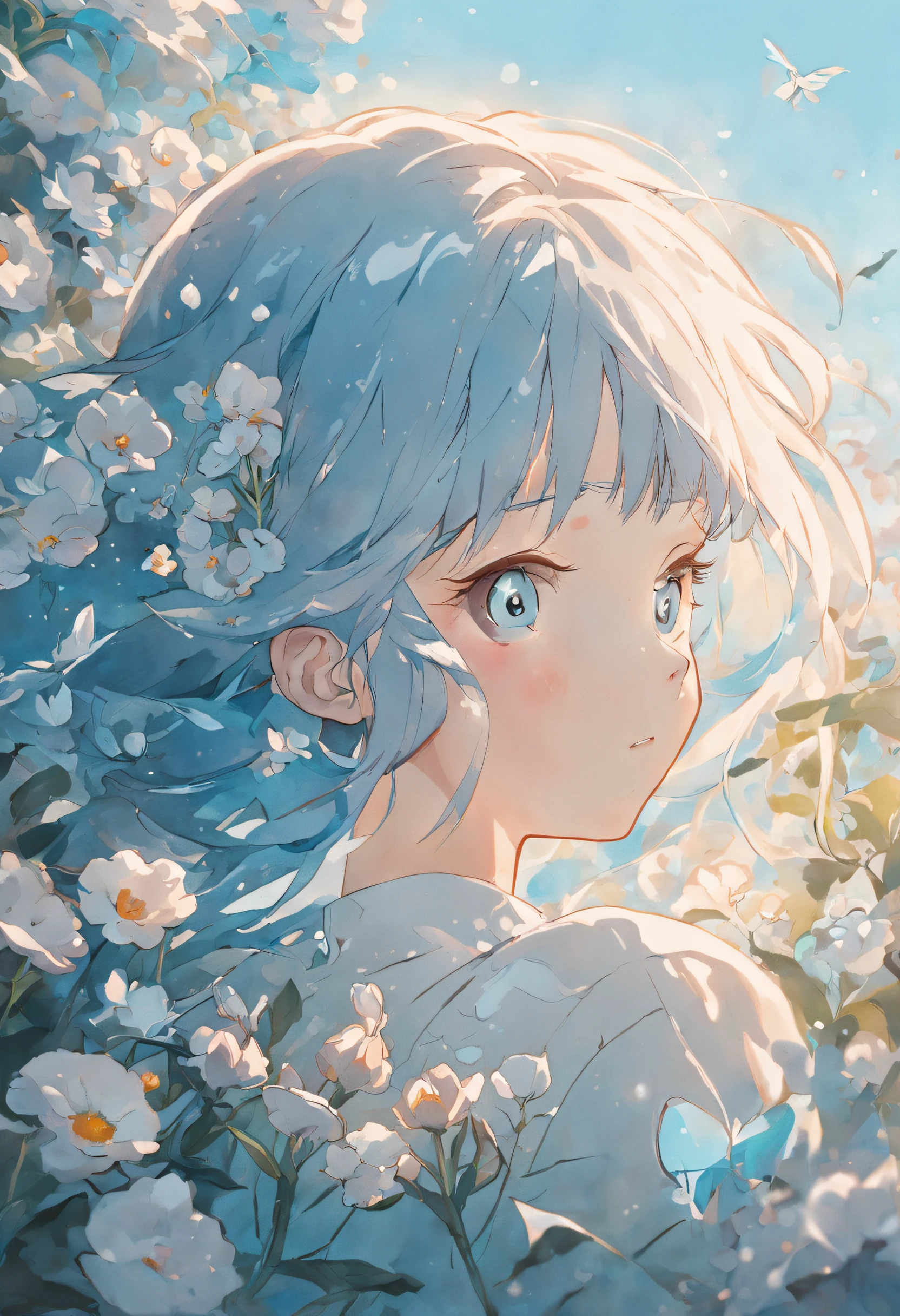 Blooming flowers flutter in the wind,Girl in flowers,Light blue and silver design,Pay attention to the texture of the skin and flowers,Sony FE 12-24mm F/2.8 gm,Impressionist garden,Proficient in calligraphy,eco-friendly craftsmanship,Brush stroke exploration